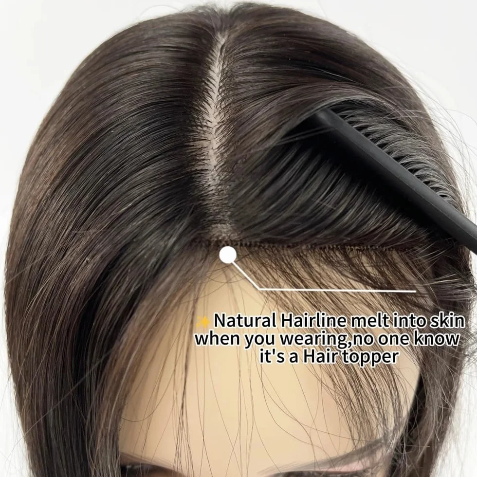 Topper for capelli veri for donne con capelli sottiato, base ancha 15x16 cm Extension for Peluca Densidad 150 Extension per capelli (16 inch,Dark Brown)