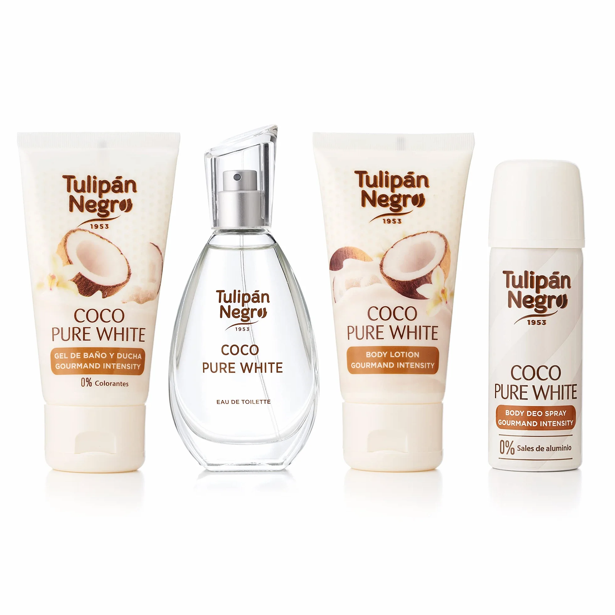 Estuche Tulipán Negro Coco Pure White Colonia 50 ml + Loción Corporal 75 ml + Gel de Baño 75 ml + Desodorante Spray 50 ml