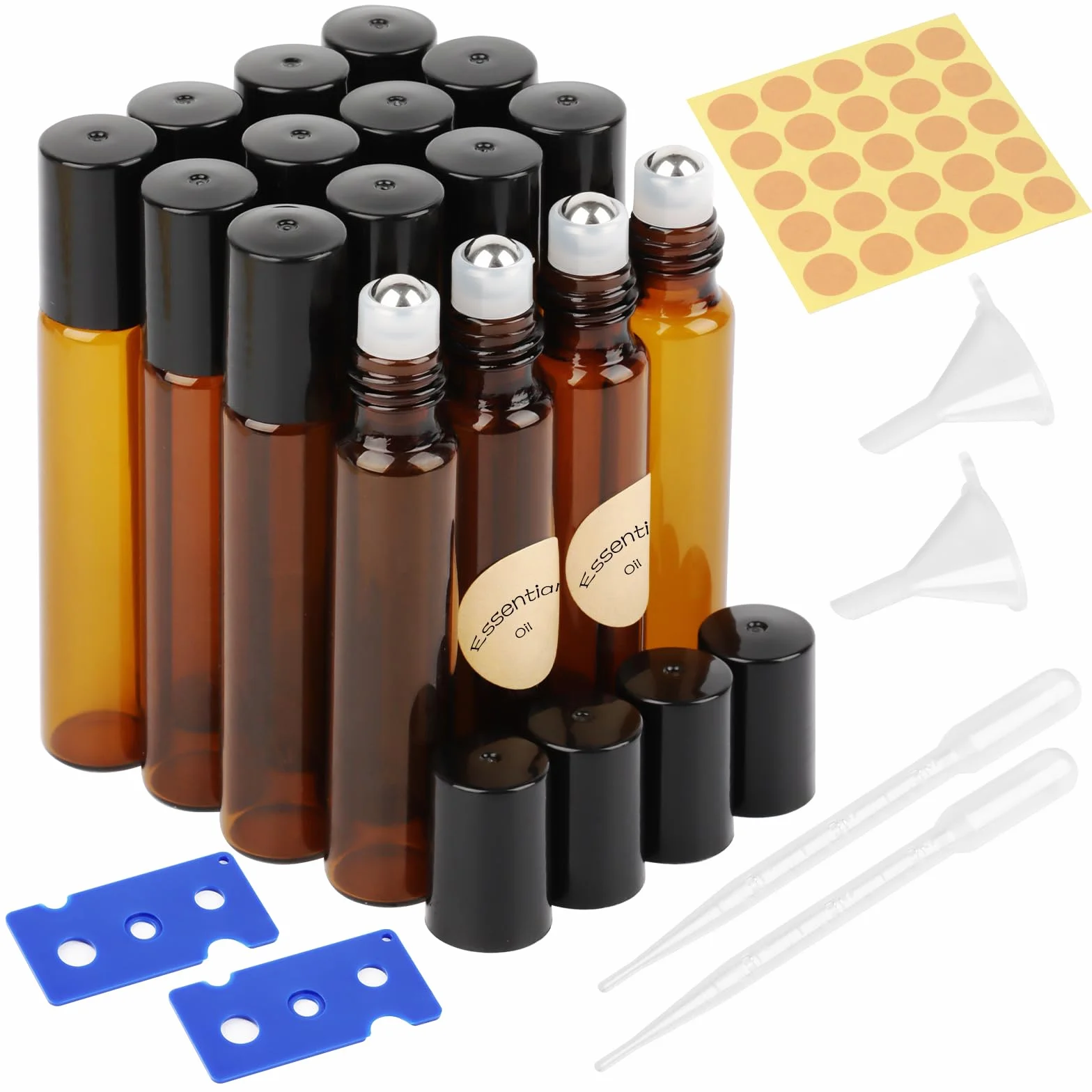 Botella Roll On Cristal 10ml Marrón, 16 Piezas con Bola de Acero Inoxidable para Aceites Esenciales