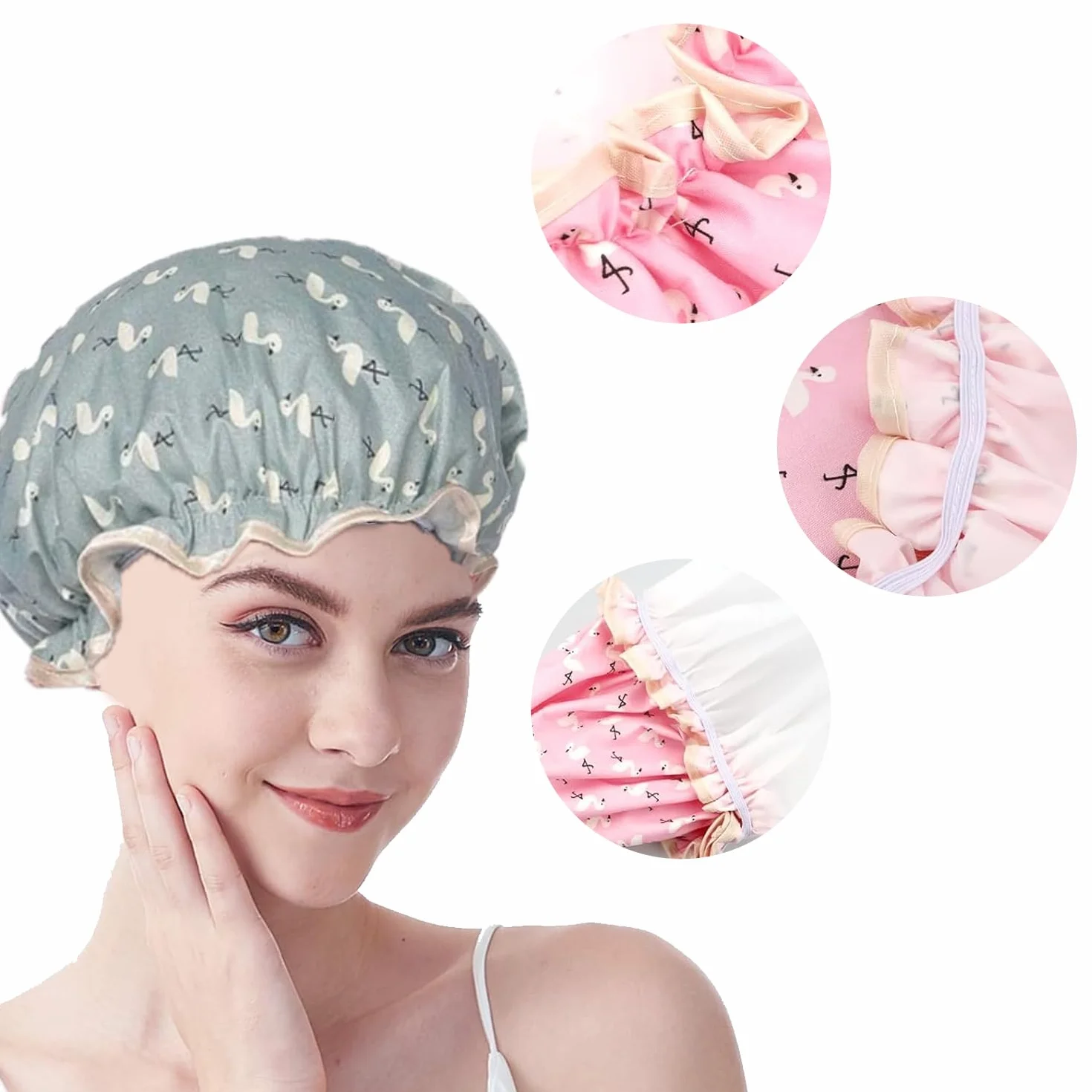 Gorro de ducha reutilizable impermeable doble capa con volantes