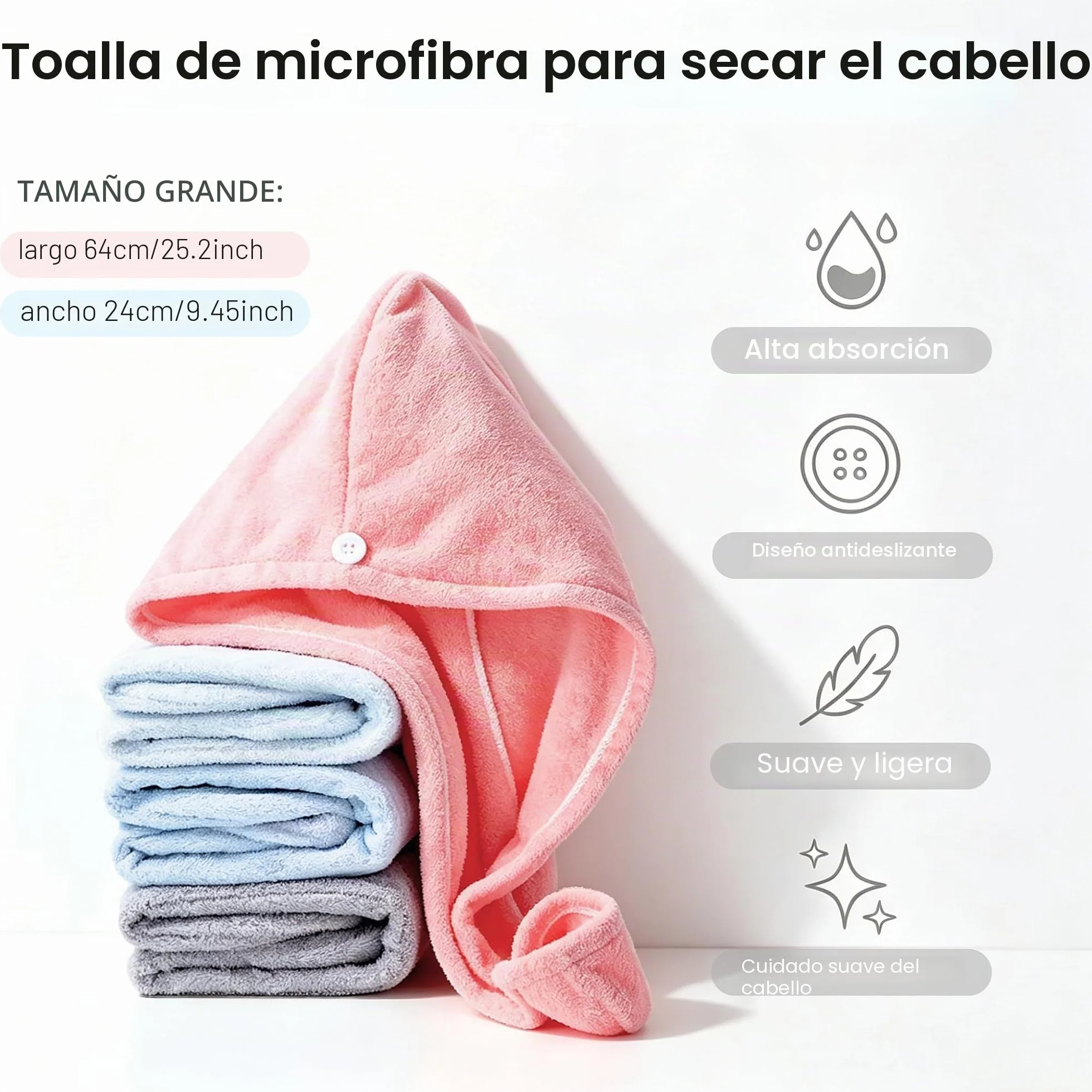 Toalla de Microfibra para Secar el Pelo, Turbante Superabsorbente con Botón para Cabello Largo y Rizado
