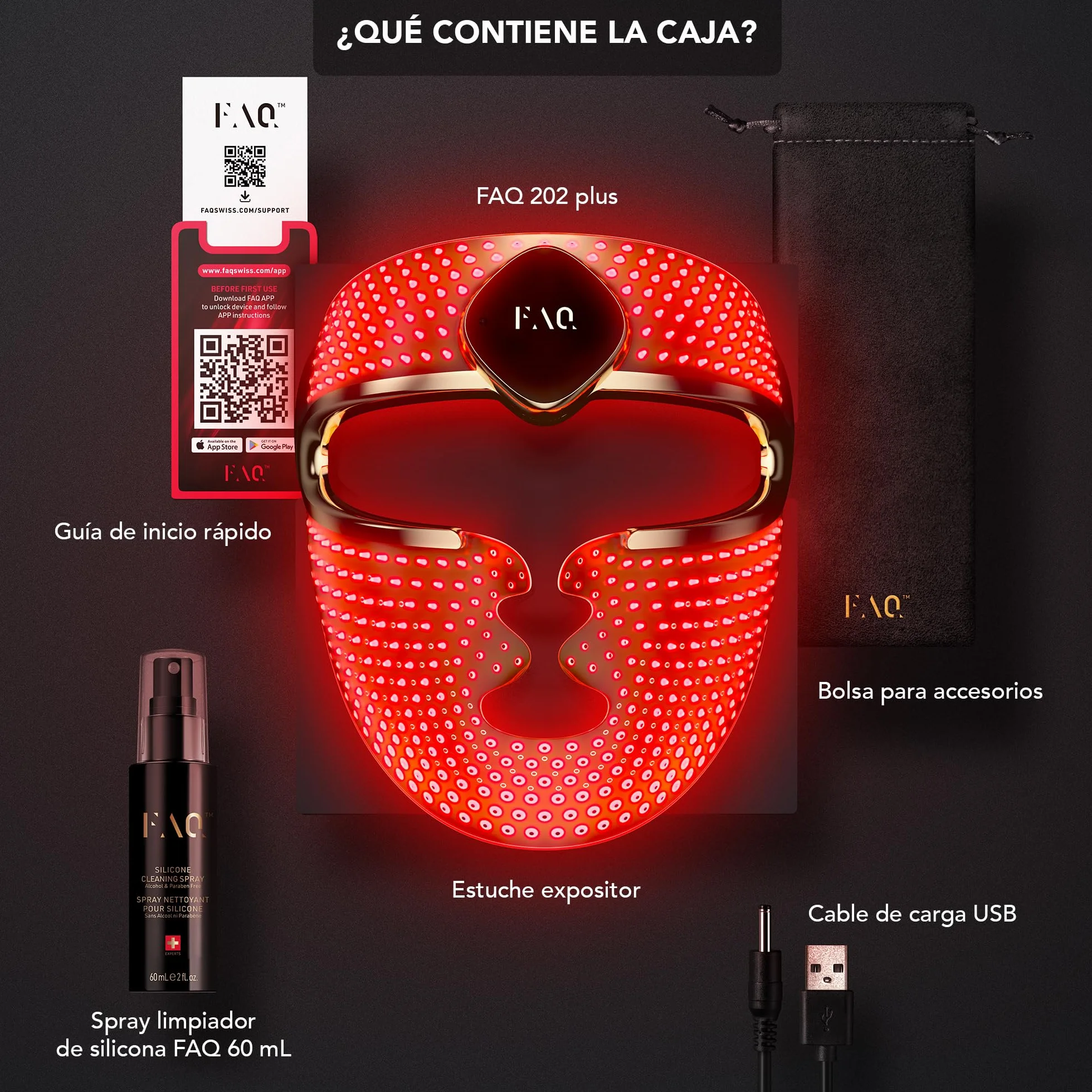 FAQ 202 Plus Mascara LED Facial Antiedad Avanzada de 8 Colores – Luz Roja e Infrarroja Cercana – Máscara Inalámbrica con 634 Puntos de Luz para Luminosidad, Firmeza y Cuidado Facial Completo