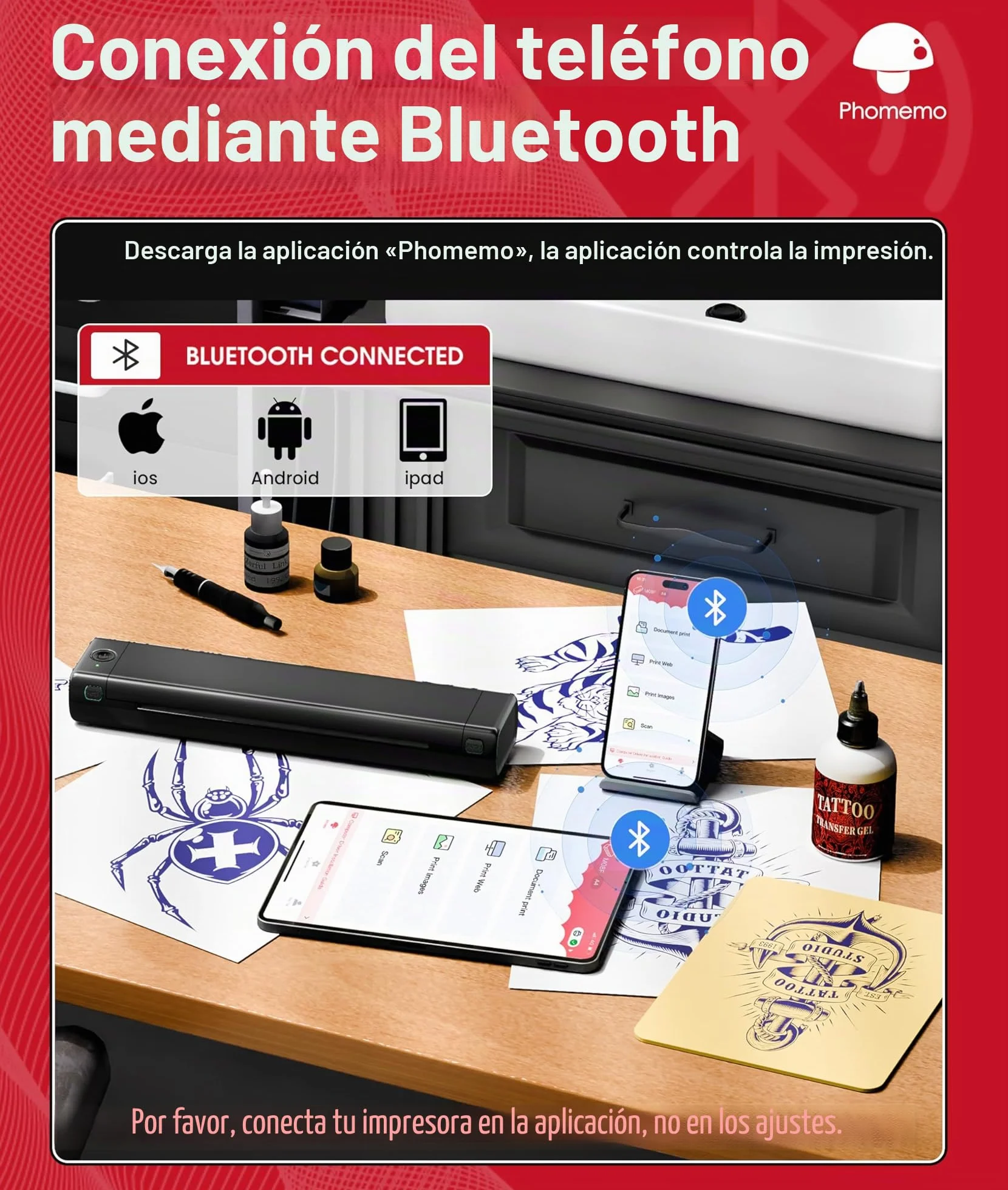 Phomemo M08F Impresora Tattoo Termocopiadora Impresora Máquinas de Tatuaje con 10pcs Termocopiadora Tatuaje Papel de Tatuaje Compatible con Teléfono Tablet PC para Artistas y Principiantes, Negro