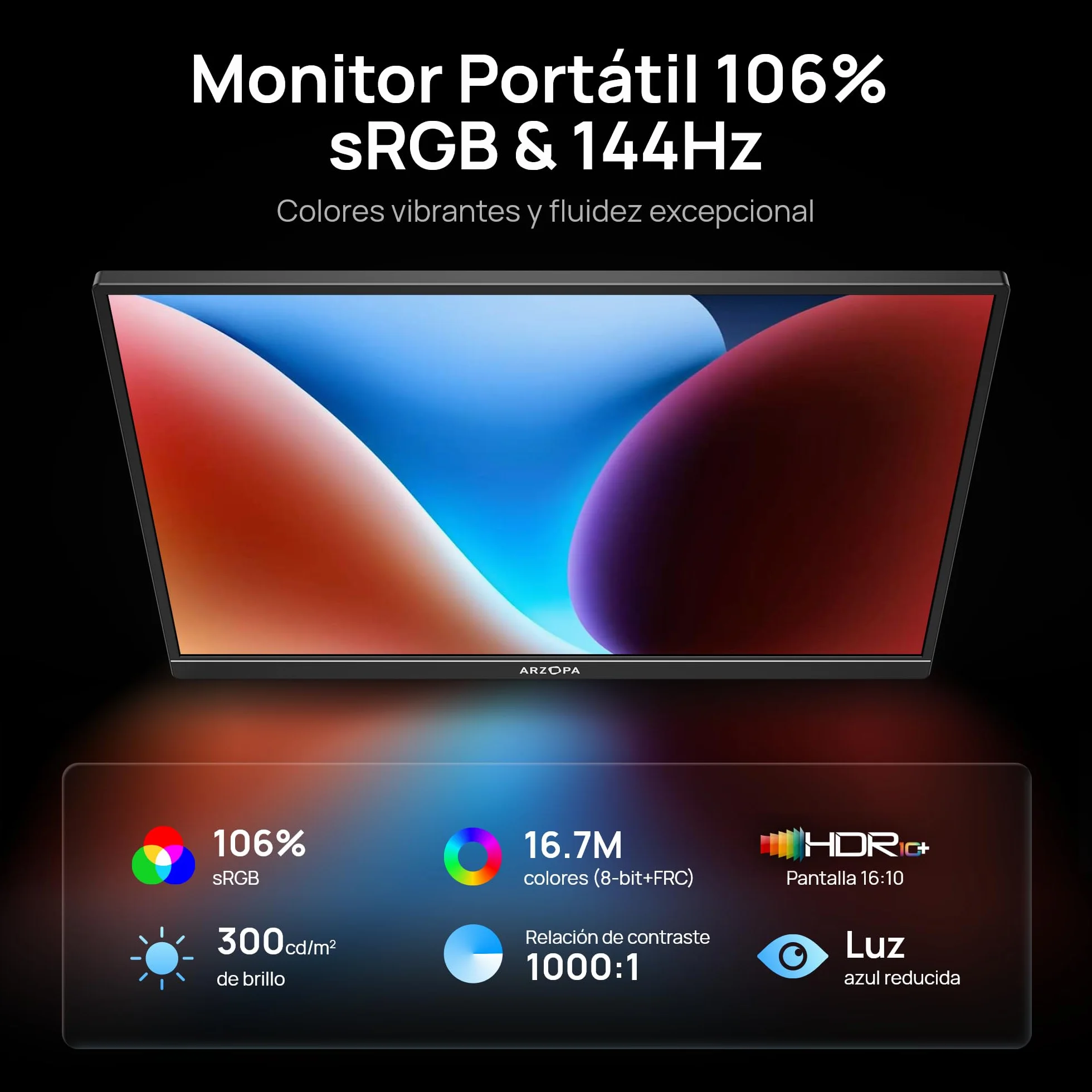 ARZOPA 16.1" 144Hz Gaming Monitor Portátil 1920×1080P FHD HDR 106% sRGB
