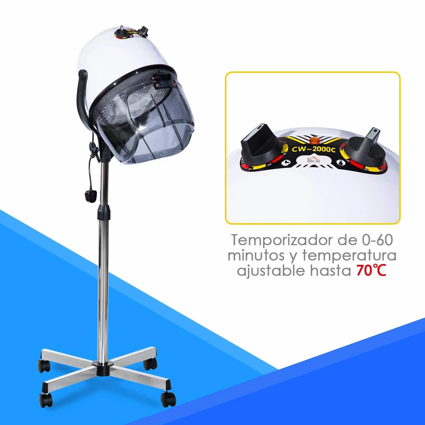 HOMCOM Campana Casco Secador De Pelo 80W Secador De Peluqueria Con Capucha Y Tripode, Blanco