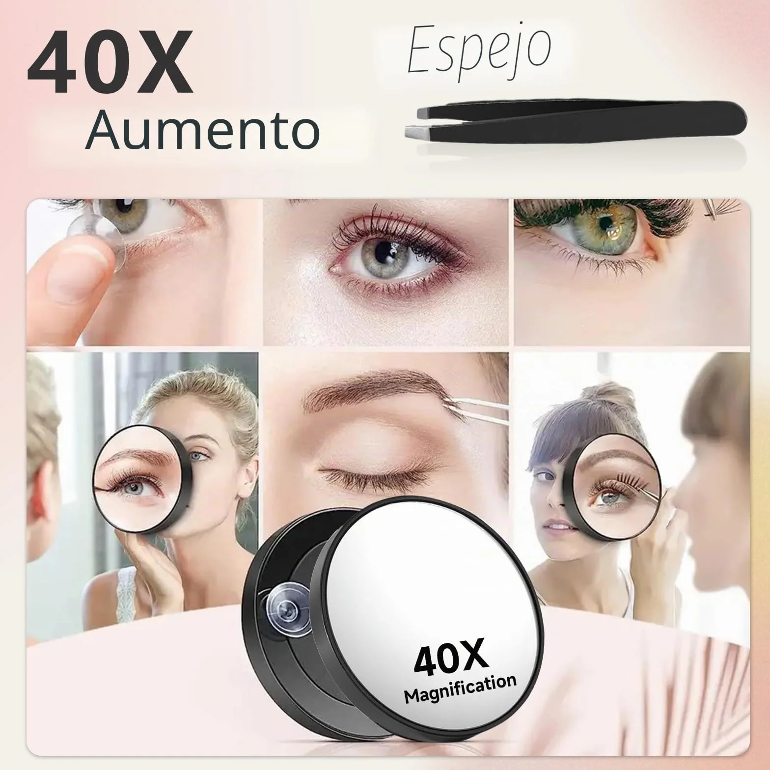 Espejo de aumento 40 veces 8,9 cm con ventosas y pinzas para maquillaje