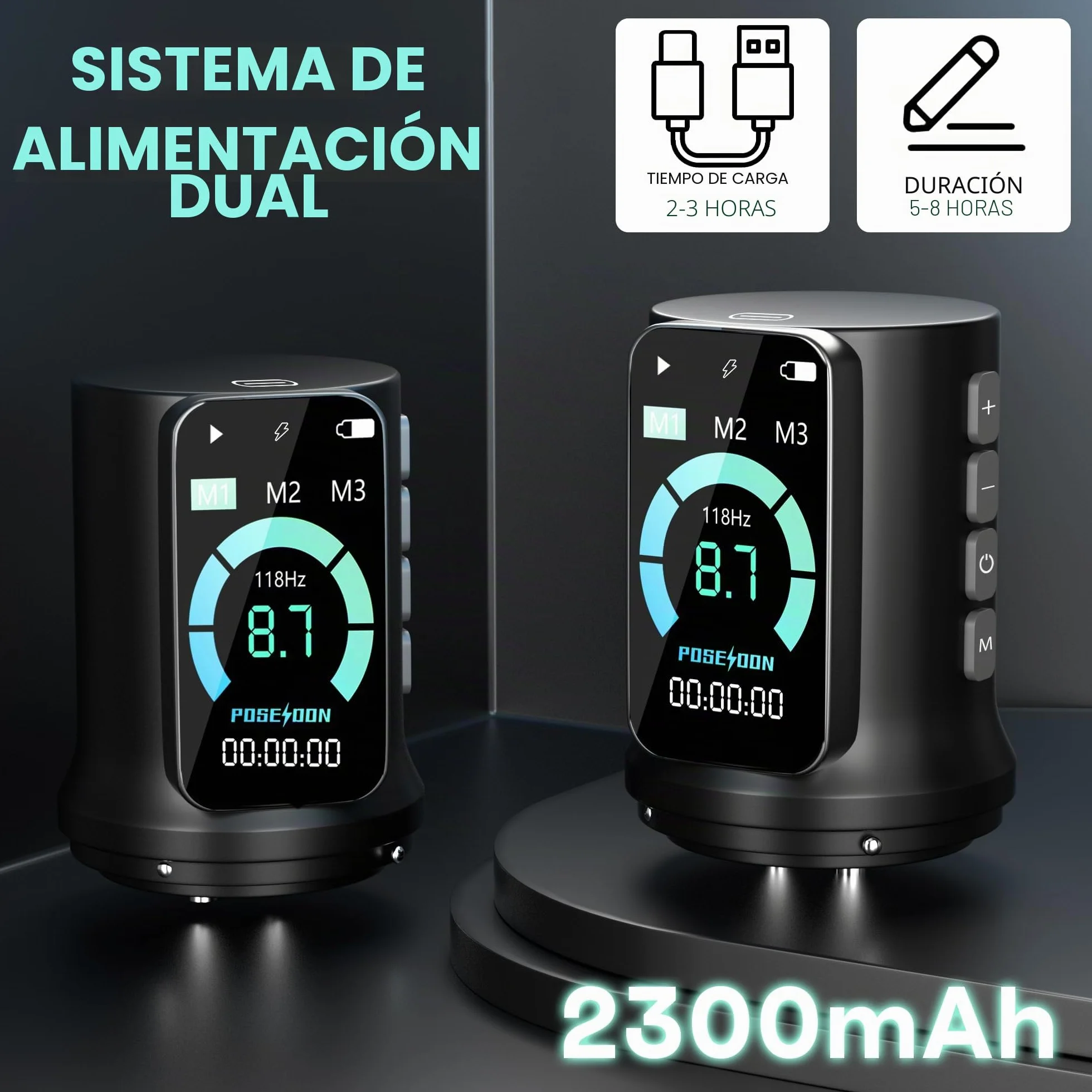 Kit de máquina de tatuaje inalámbrica POSEIDON con 7 ajustes de hub, dos baterías de 2300 mAh, modo normal/punteado y pantalla LED - Dispositivo de tatuaje inalámbrico profesional para principiantes