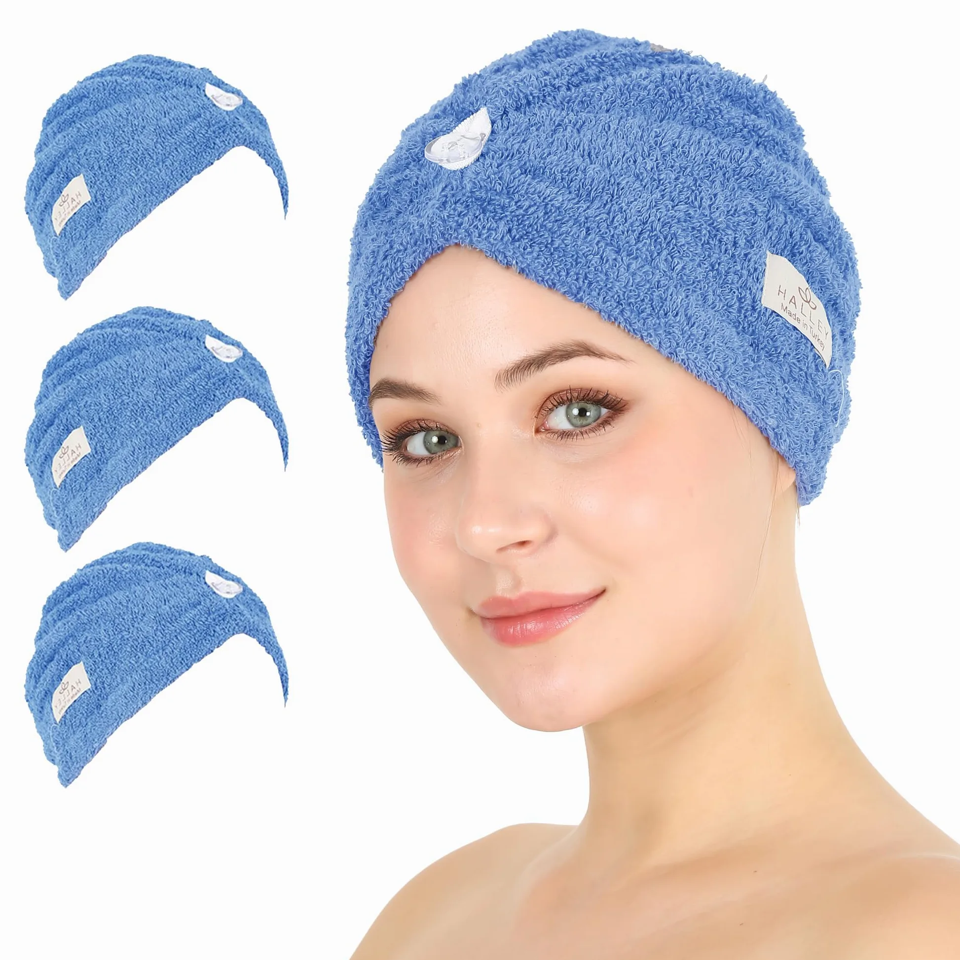 HALLEY Toalla de algodón para el cabello, 3 paquetes, súper absorbente, antiencrespamiento, de secado rápido, para cabello rizado, largo y grueso, turbantes para cabello húmedo con botón, toalla para