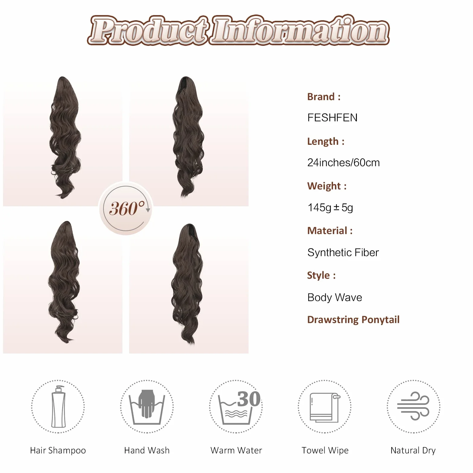 FESHFEN Coleta Postiza Larga 60cm Ondulado Castaño Medio Postizos de Pelo para Mujer