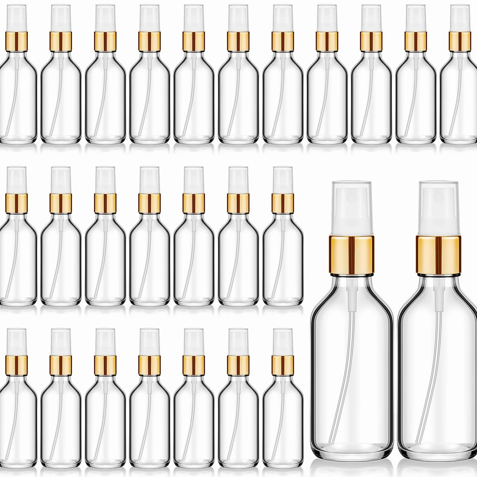 Roshtia 30 botellas de vidrio transparentes vacías, pequeñas botellas de perfume de vidrio reutilizables recargables con bomba pulverizadora de niebla fina para aerosoles faciales y corporales de