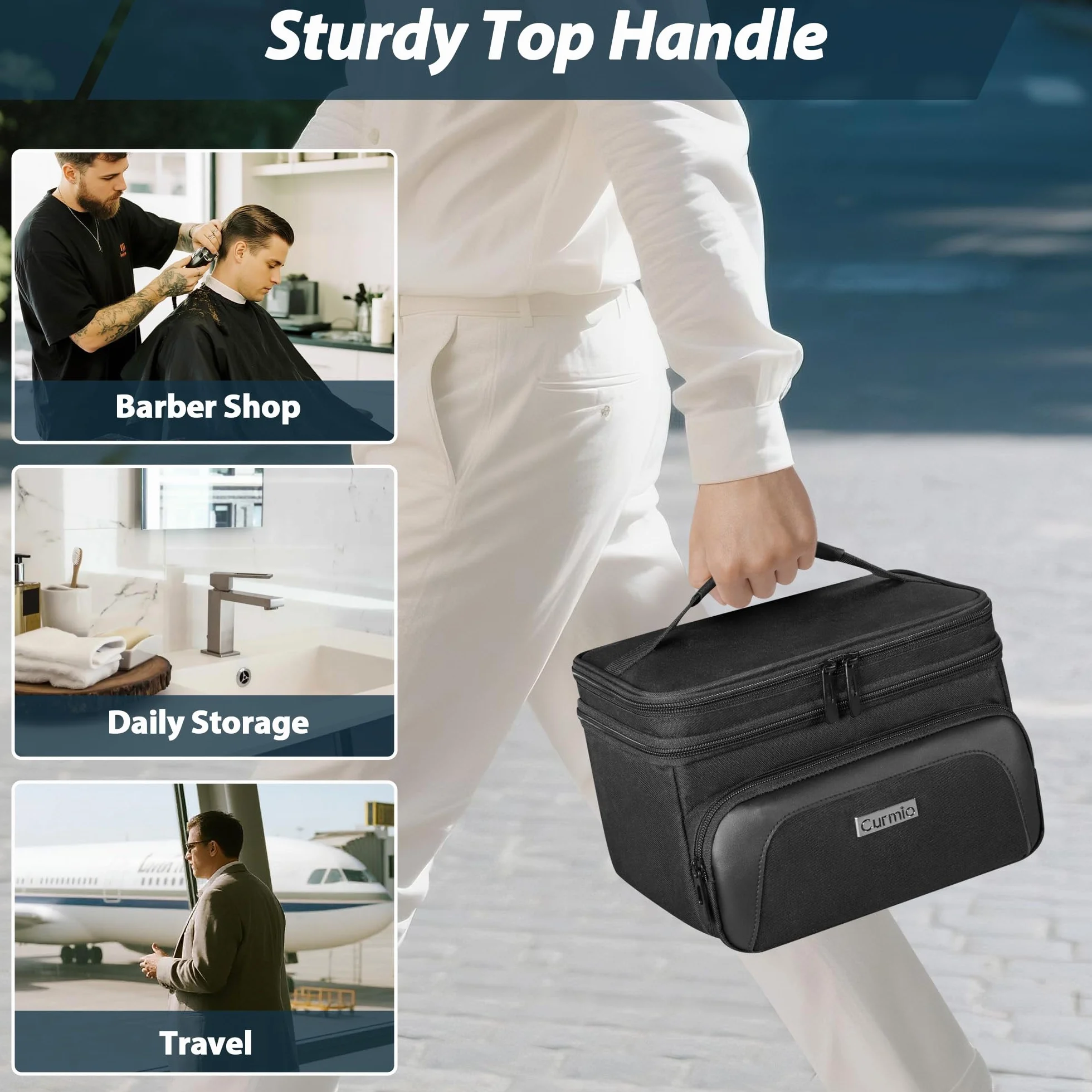 CURMIO Maletín Profesional 2 Niveles para Cortapelos, Organizador Portátil Compatible con Hatteker/Wahl/Oster/Andis Máquinas y Accesorios Barbería, Solo Bolsa, Negro