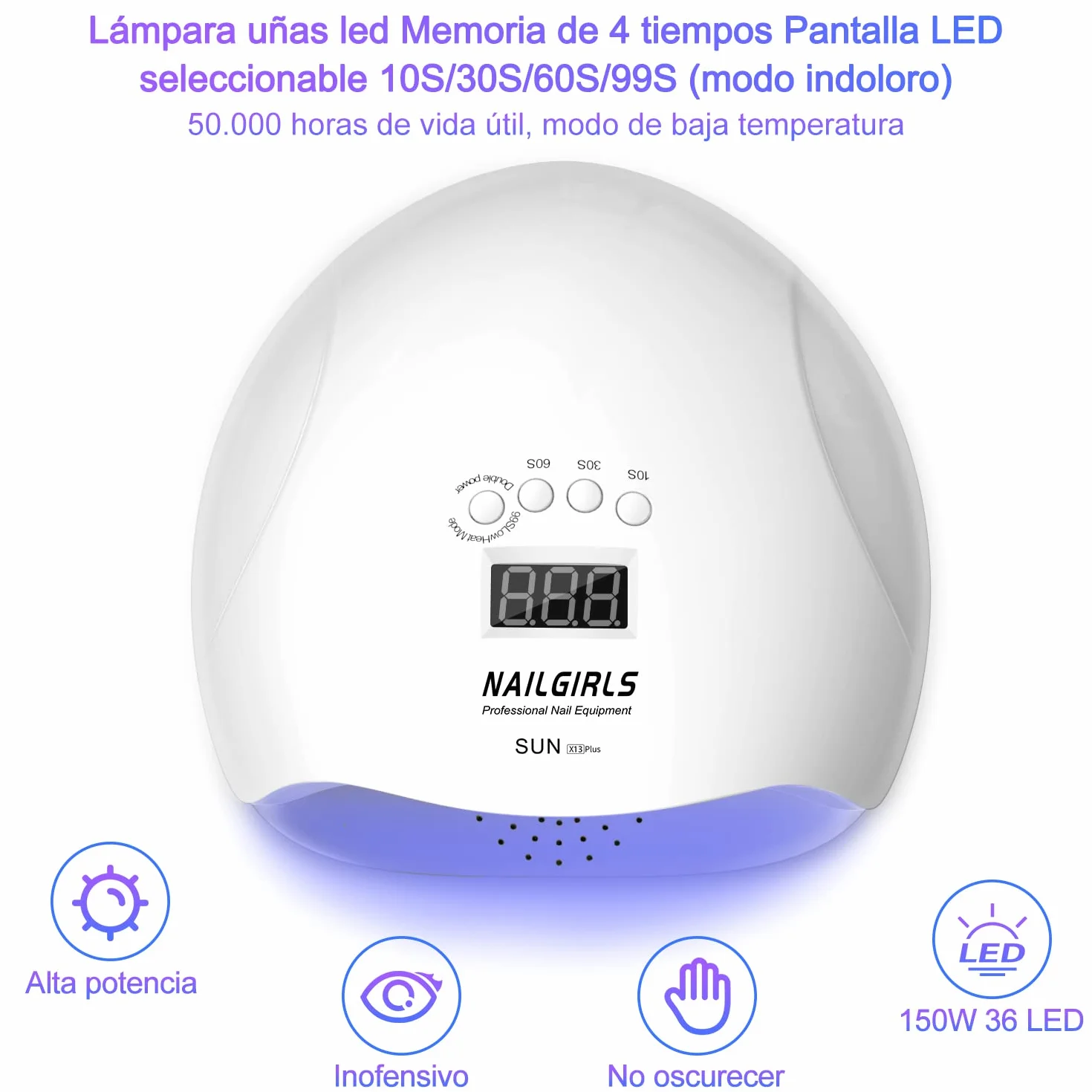 NAILGIRLS Lámpara Uñas LED UV 150W 4 Temporizadores Secador Profesional Pantalla LCD Placa Magnética Extraíble