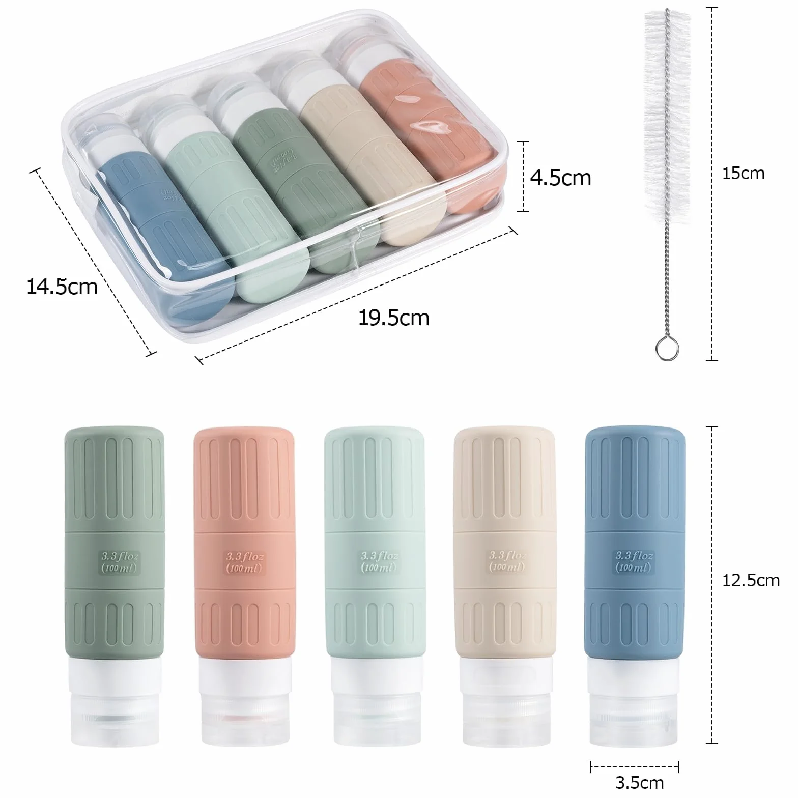 Carehabi Botellas de viaje de silicona 100 ml 5 unidades para champú gel de ducha cosméticos