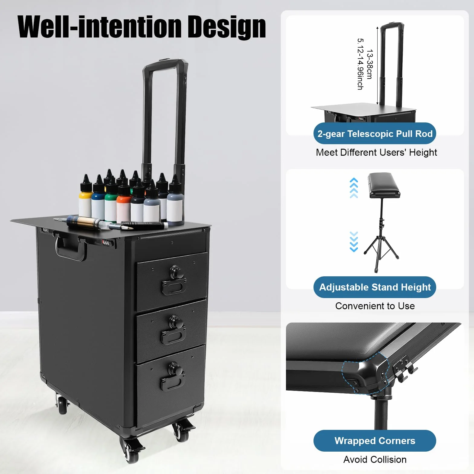 Maletín de Maquillaje 2 en 1 para Tatuajes, con Soporte para apoyabrazos Tattoo, para Tatuajes, Mesa de Maquillaje, Mesa Tattoo con Ruedas y 3 cajones (Placa metálica)