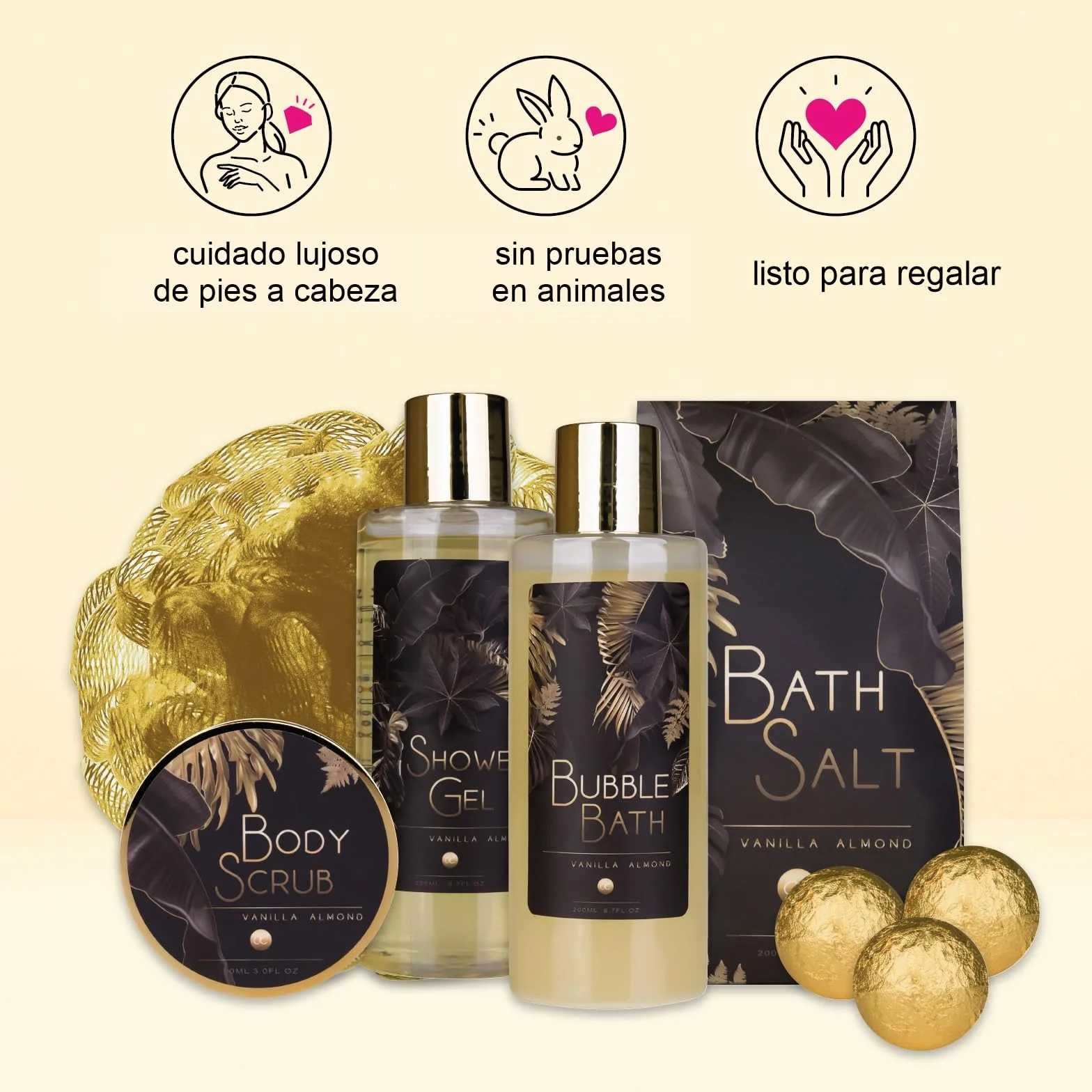 Set de regalo Aroma Vainilla-Almendra para mujer - Set de belleza de lujo con gel de ducha, sales de baño y loción corporal