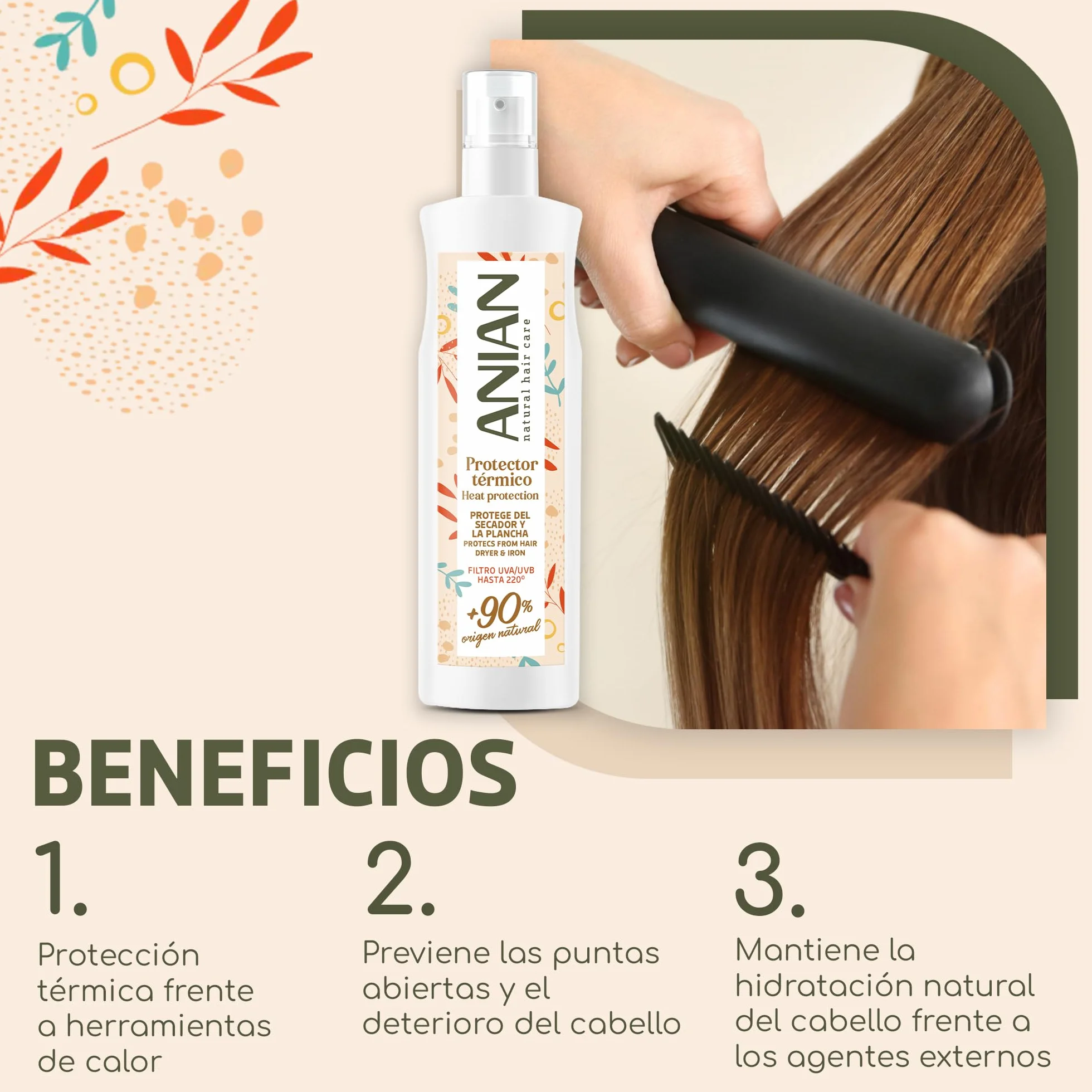 ANIAN Protector de Calor para el Pelo 250 ml Filtro UVA UVB Protege hasta 220º