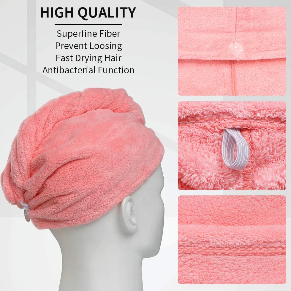 ACWOO Toallas para Secar el Pelo, Gorro de Secado Rápido Coral Fleece con Botón para Mujeres