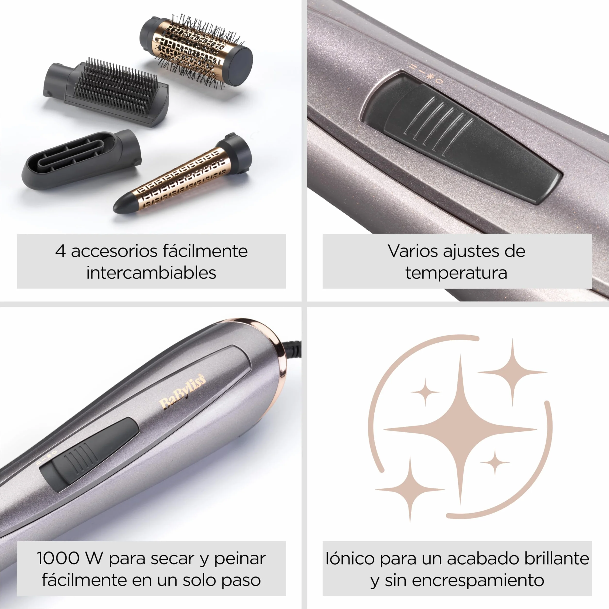 BaByliss Style 1000 Cepillo de Aire Secador de Pelo Todo en Uno 1000 W Iónico Antiencrespamiento 4 Accesorios