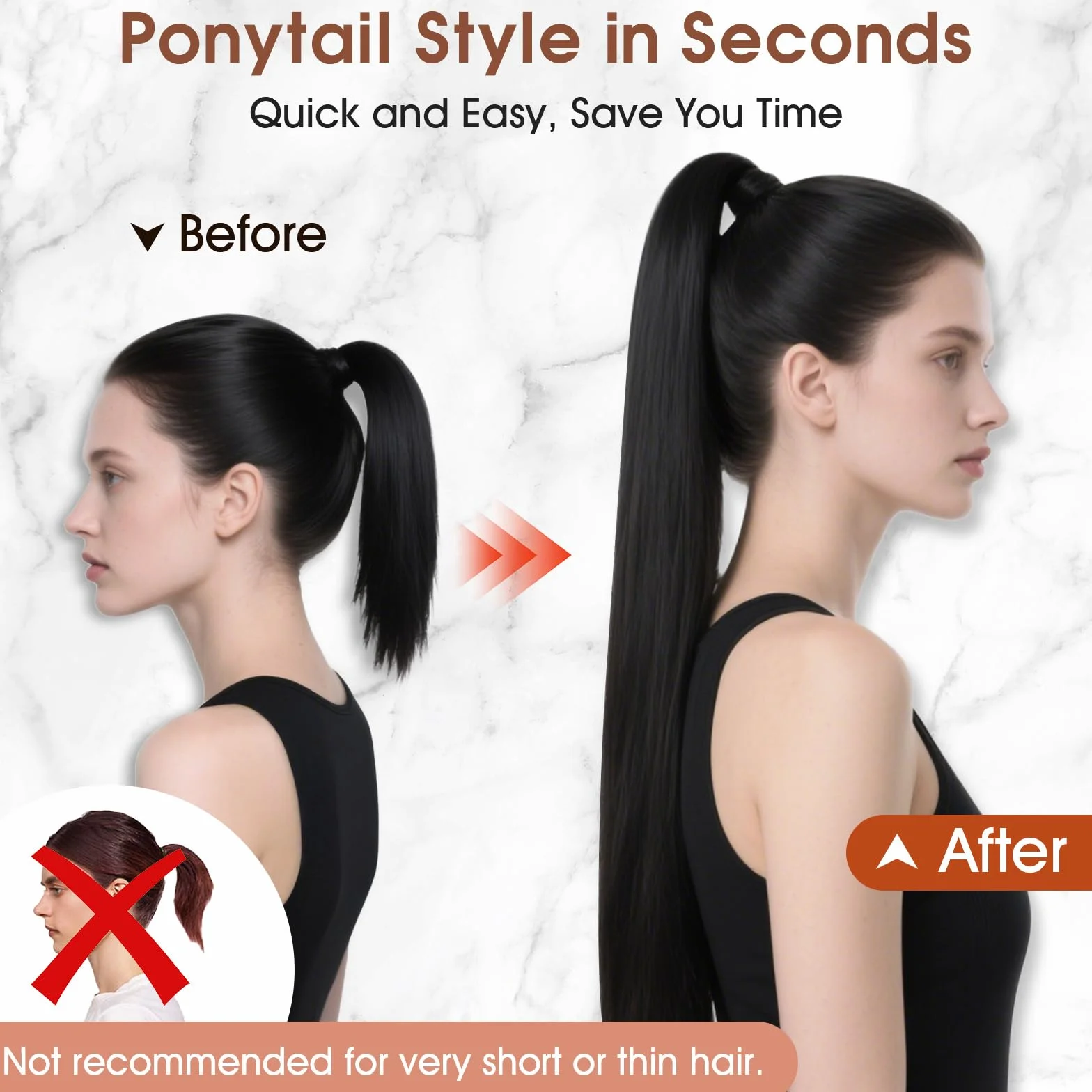 MY-LADY Coleta Postiza Pelo Natural 50cm Extensiones de Cabello Cola Humano Ponytail Liso #1B Negro Natural 95g