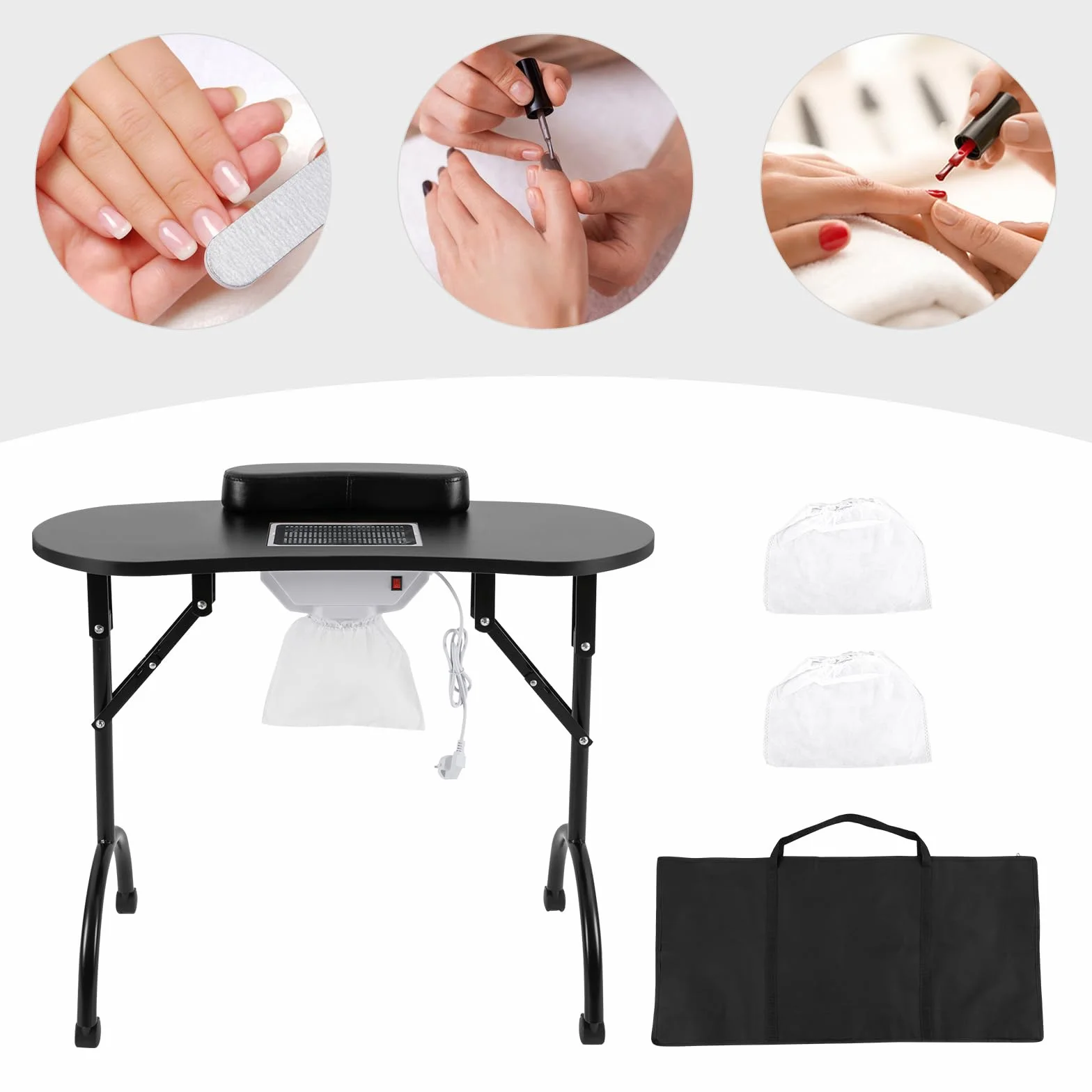 Mesa de manicura plegable con aspiración, mesa de manicura portátil con ruedas y cojín para la muñeca, mesa de manicura portátil para corte de cabello, cosmética y cuidado de uñas