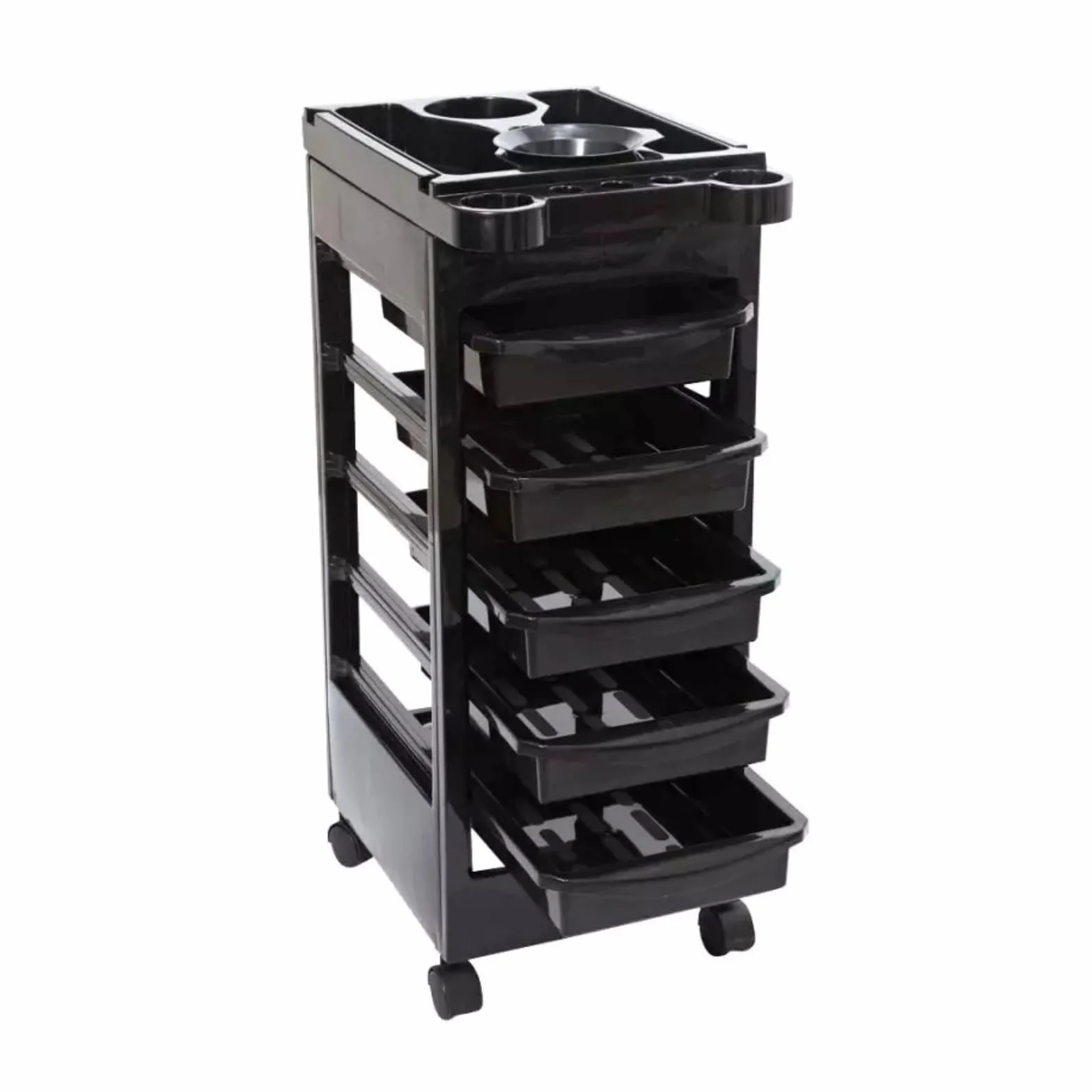 Carro de Peluquería Negro 5 Bandejas Extraíbles 38x26,5x7 cm Bandeja Superior Antideslizante Porta Secadores 4 Ruedas Flexibles