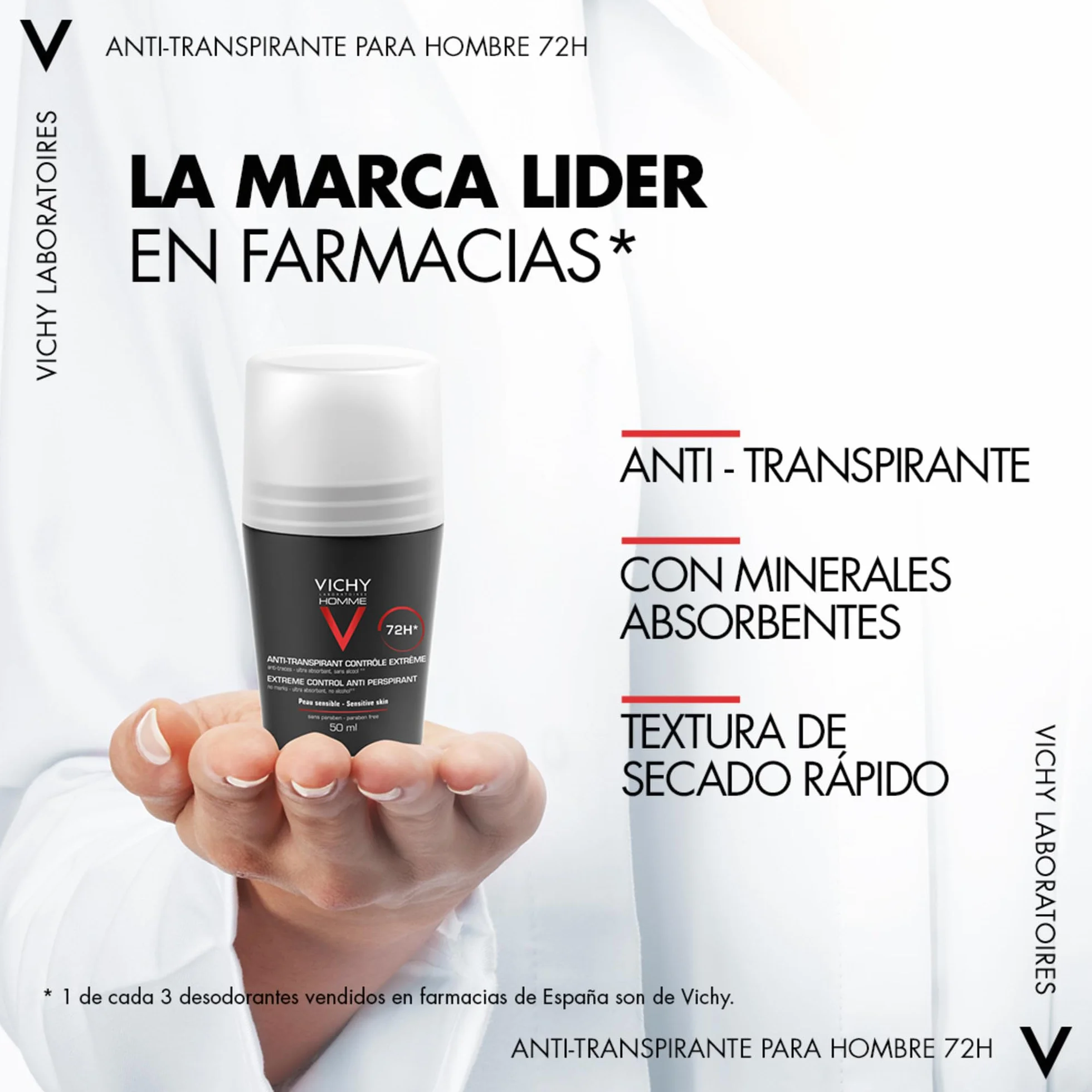 Vichy Homme Desodorante Roll-On Anti-Transpirante 72 H 50 ml Paquete de 4