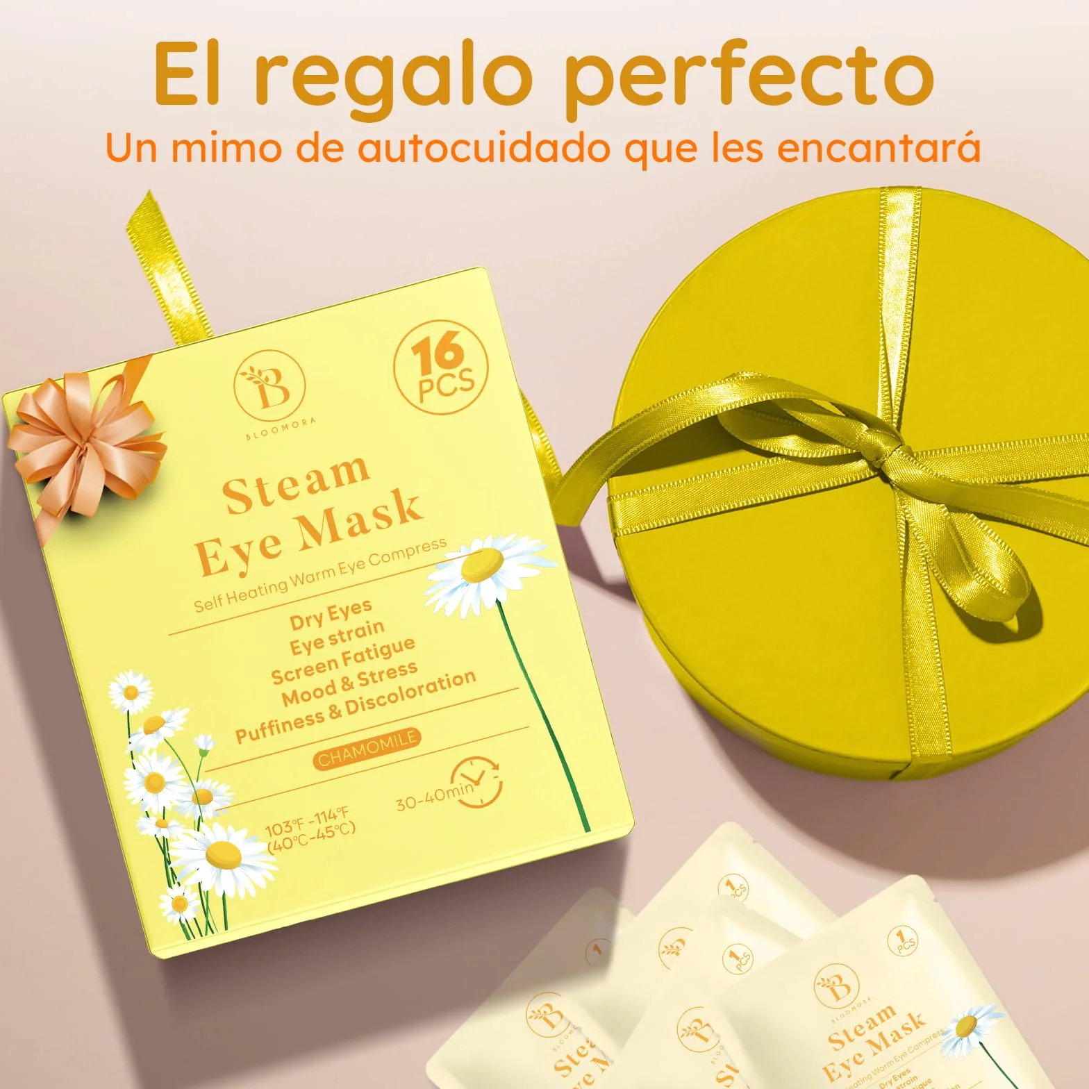 Pack de 16 Antifaz Ojos Secos con Manzanilla, Máscara Caliente Vapor para Bolsas Fatiga Blefaritis, Desechable Auto-Calefactable para Dormir Viajar