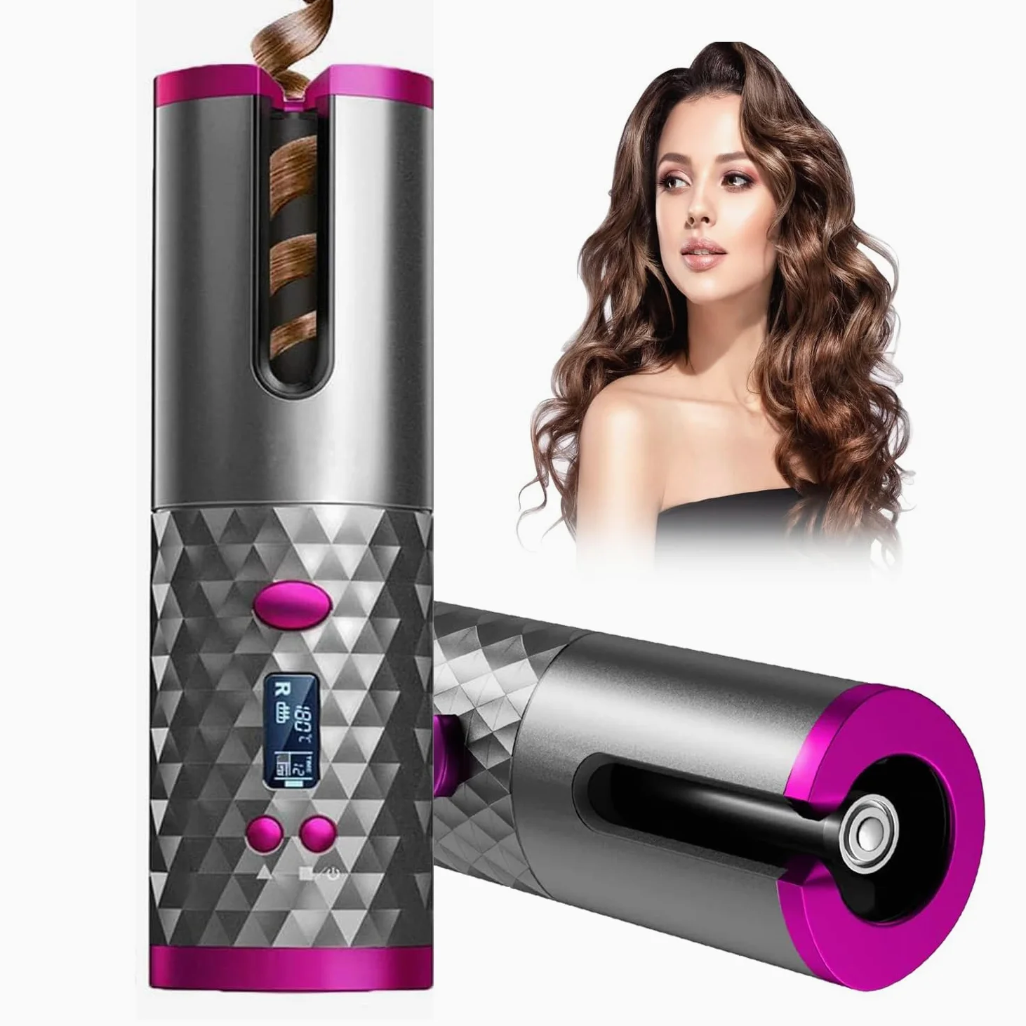 Rizador pelo Automático, Inalámbrico, Ondas, Ondulador Rizos, Portátil Barril de Cerámica de Calentamiento Rápido con Temperatura y Temporizador Ajustables.