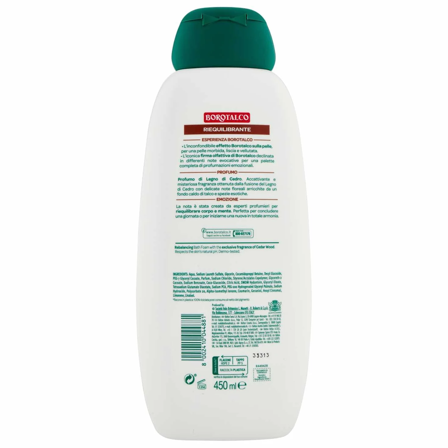 Borotalco Bagnoschiuma Riequilibrante - Gel de ducha con aroma a madera de cedro - Piel suave, lisa y aterciopelada - Limpiador corporal 450 ml + llavero Beni Culinari gratuito