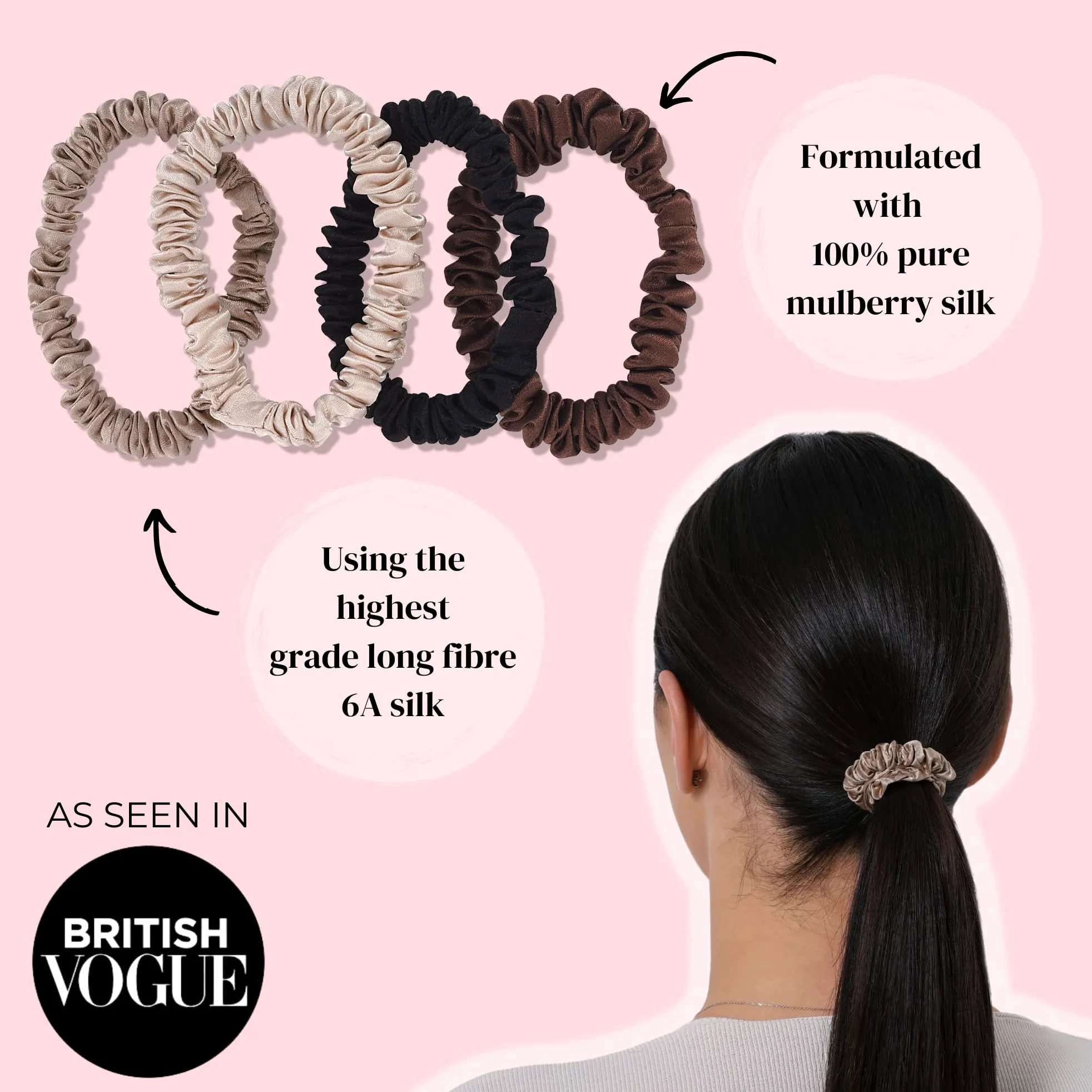SILKIE Gomas para el pelo, 100% Seda Pura de Mora, Negro, Azul Oscuro, Gomas delgadas, Bolso de viaje, Para el día a día, Elásticas, Cuidado del cabello, Soporte para cola de caballo, Sin daños