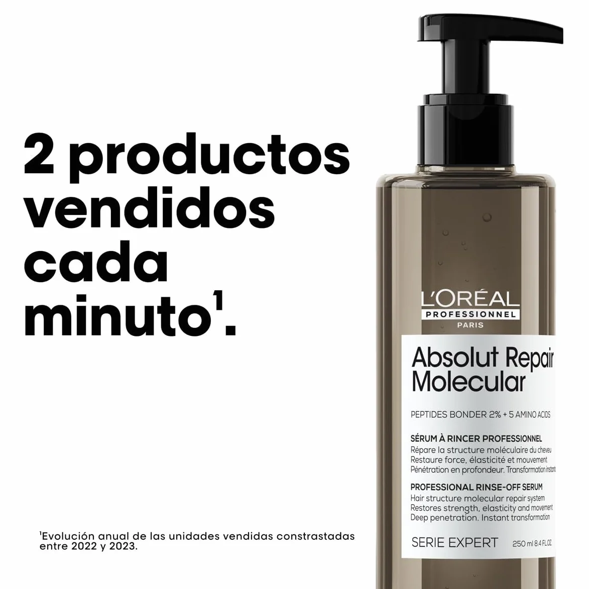 L’Oréal Professionnel, Tratamiento Molecular Instantáneo, Sérum Pelo Seco y Dañado con Aclarado, Sin Sulfatos, Repara Daños y Fortalece el Cabello, Fórmula Patentada, Absolut Repair Molecular, 250ml