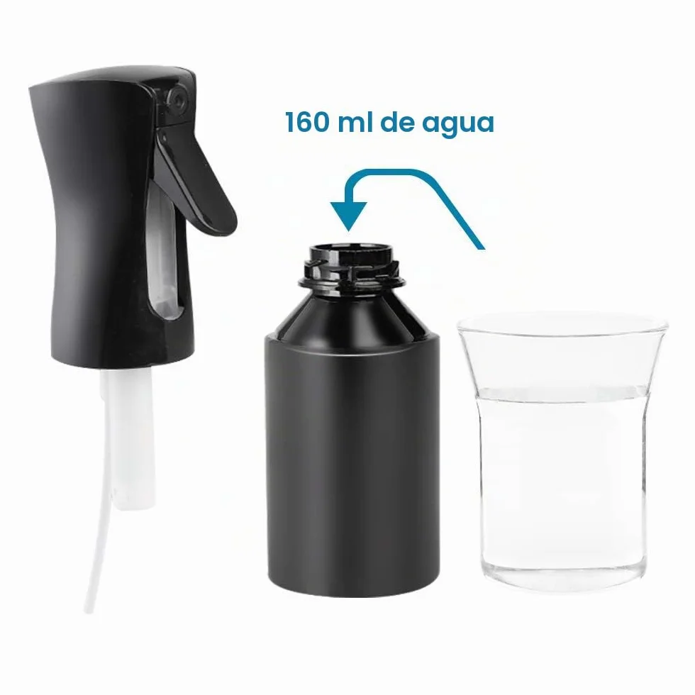 Botella Pulverizador Agua 160ML Negro Recargable 360° Gatillo Ergonómico para Cabello Rizado Peluquería