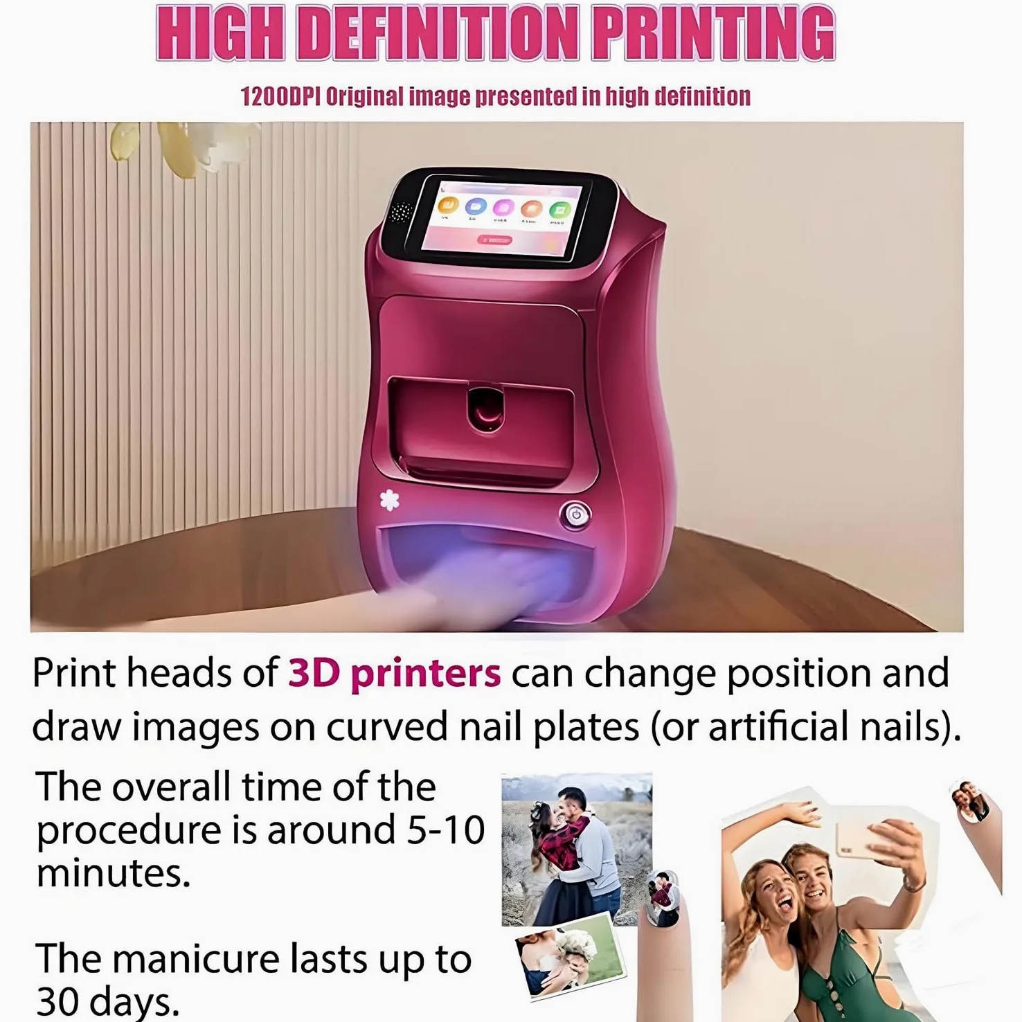 Máquina Inteligente para Pintar uñas 3D, Impresora portátil Digital móvil para decoración de uñas con Pantalla táctil, Belleza y Cuidado Personal para uñas en casa de niñas Pink