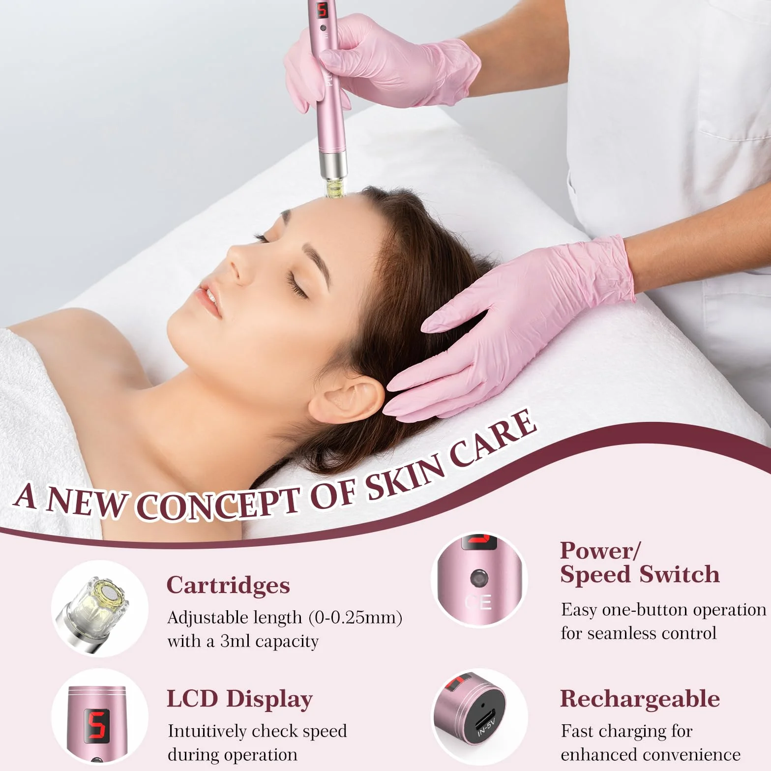 PELCAS Dermapen Aplicador Automático de Suero 5 Niveles Profesional con 6 Cartuchos Oro Rosa