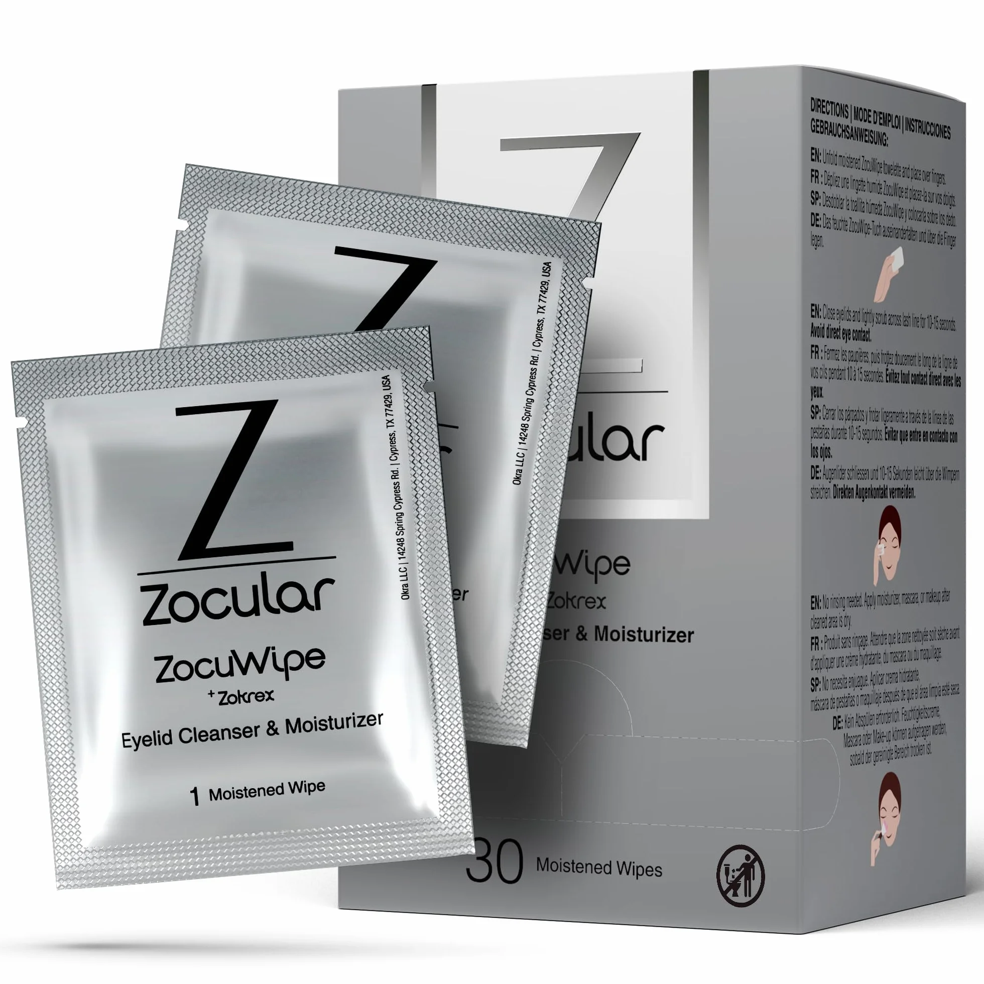 Zocular ZocuWipe - Toallitas limpiadoras de párpados con complejo de okra natural, limpiador diario suave de párpados y almohadillas hidratantes, desmaquillante y toallitas higiénicas para los ojos