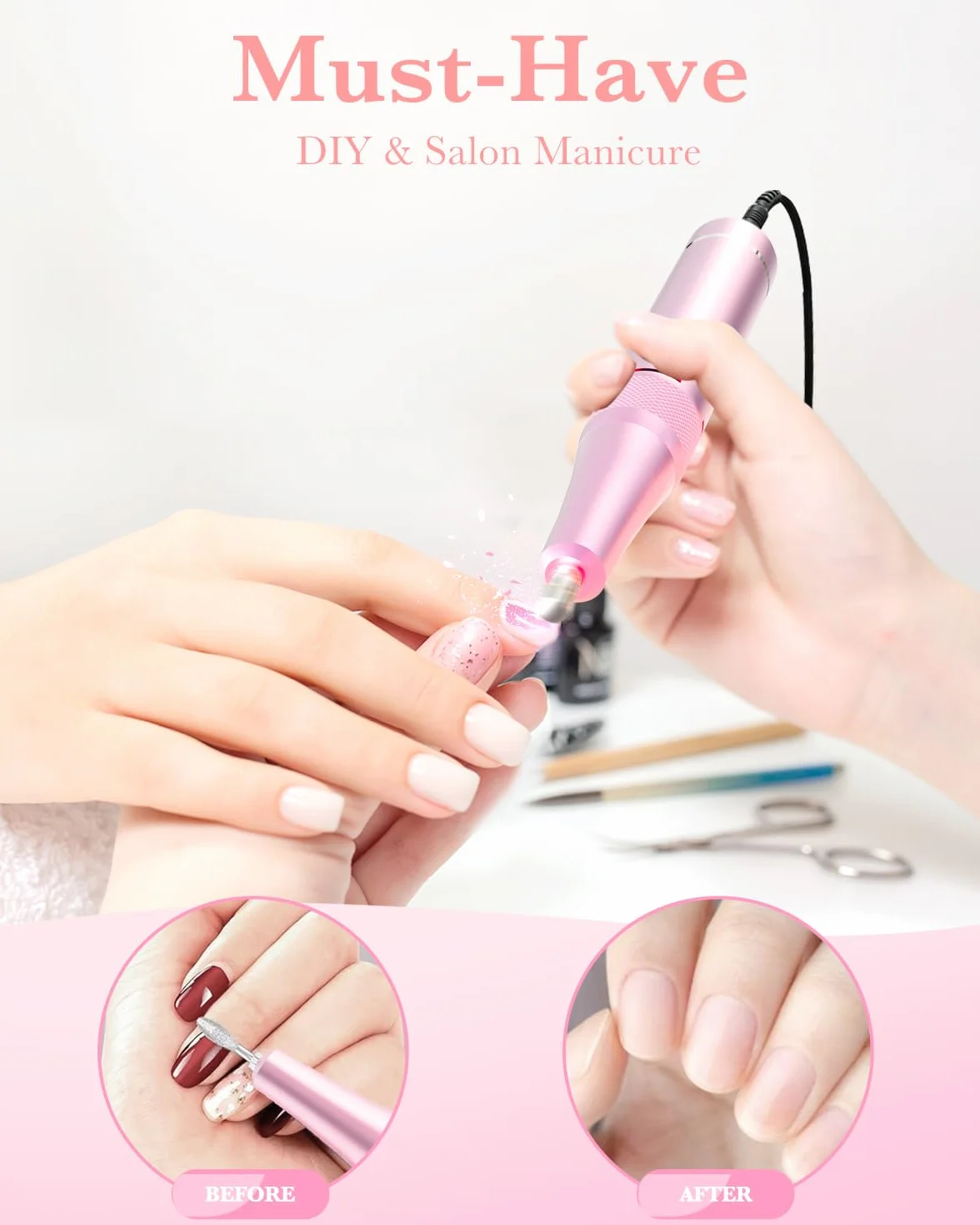 Torno para Uñas Profesional 35000 RPM, Lima Eléctrica Inalámbrica Recargable para Uñas de Gel y Acrílico, Pantalla LCD, Kit de Manicura y Pedicura con 7 Brocas y 56 Bandas, Rosa-Azul