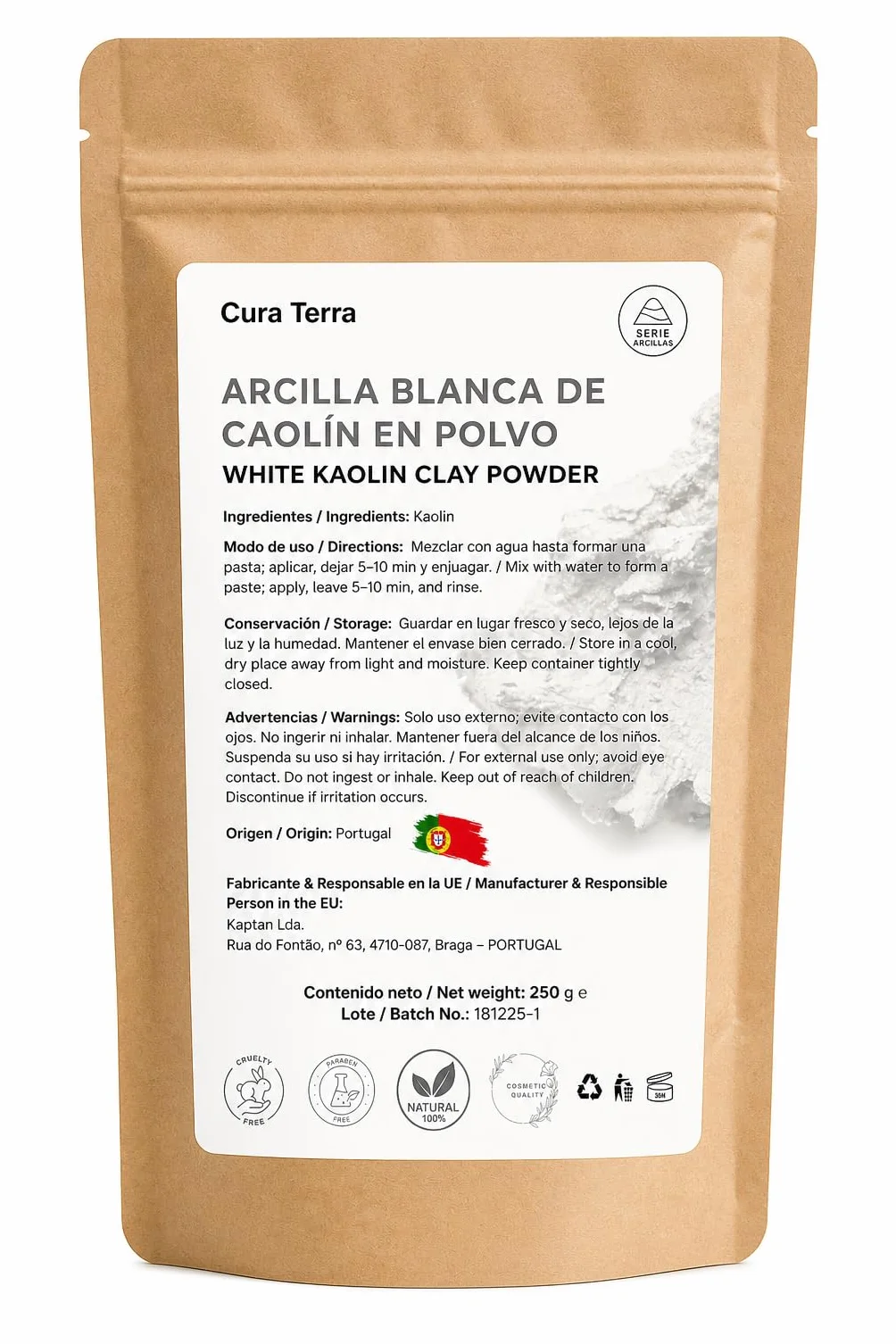 Arcilla Blanca Caolín 100% Natural de Portugal (250g) – Polvo Cosmético para Cuidado de la Piel
