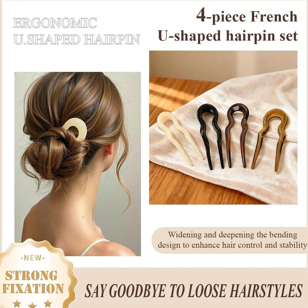 Pinza para el Cabello en Forma de U, 4 Piezas, Giro Francés Grande, Accesorios de Estilo para Mujer