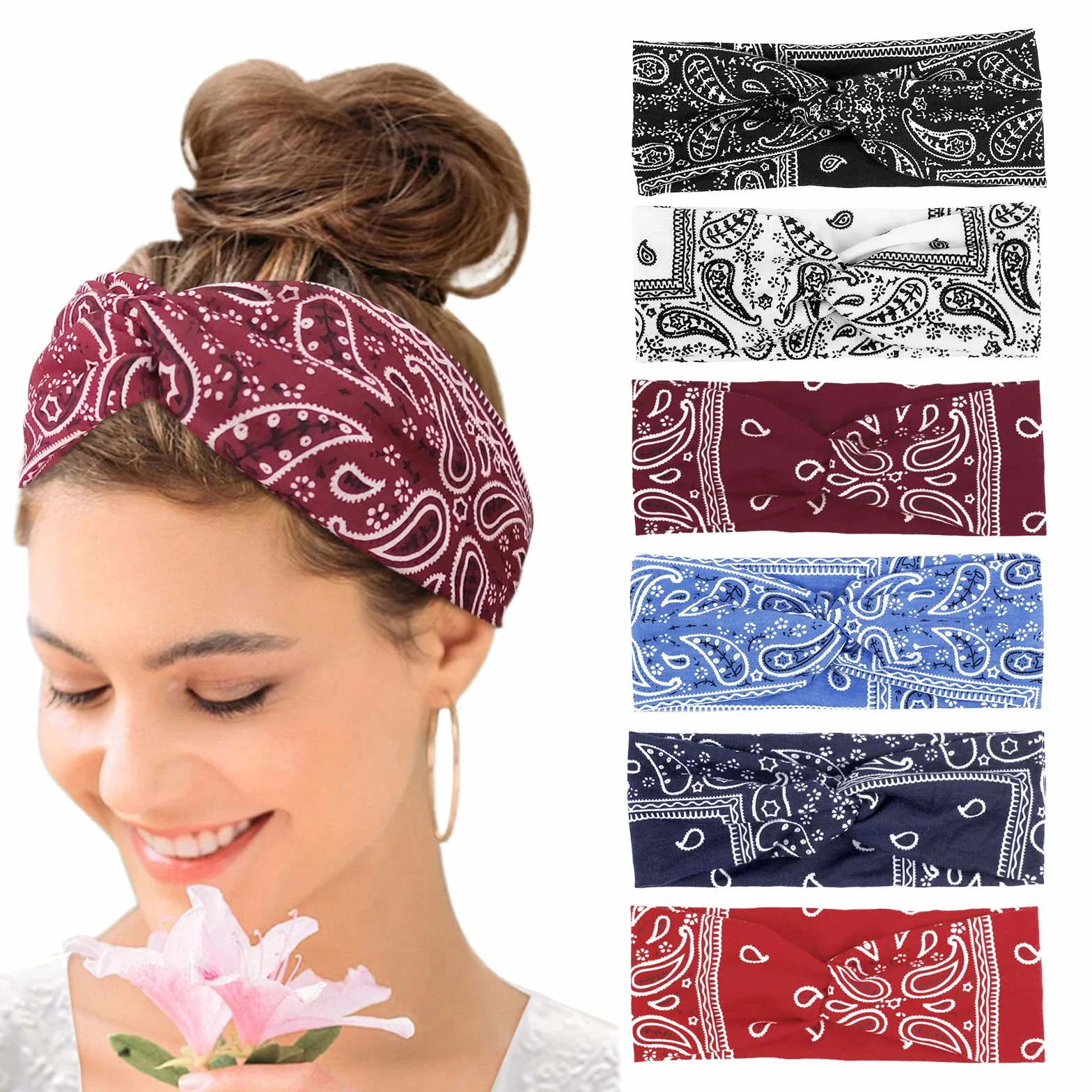 Kavya Diademas Elástico Cinta de Pelo Suave 6 Piezas Boho Thin Hijab Accesorios para Mujer Yoga Deportes