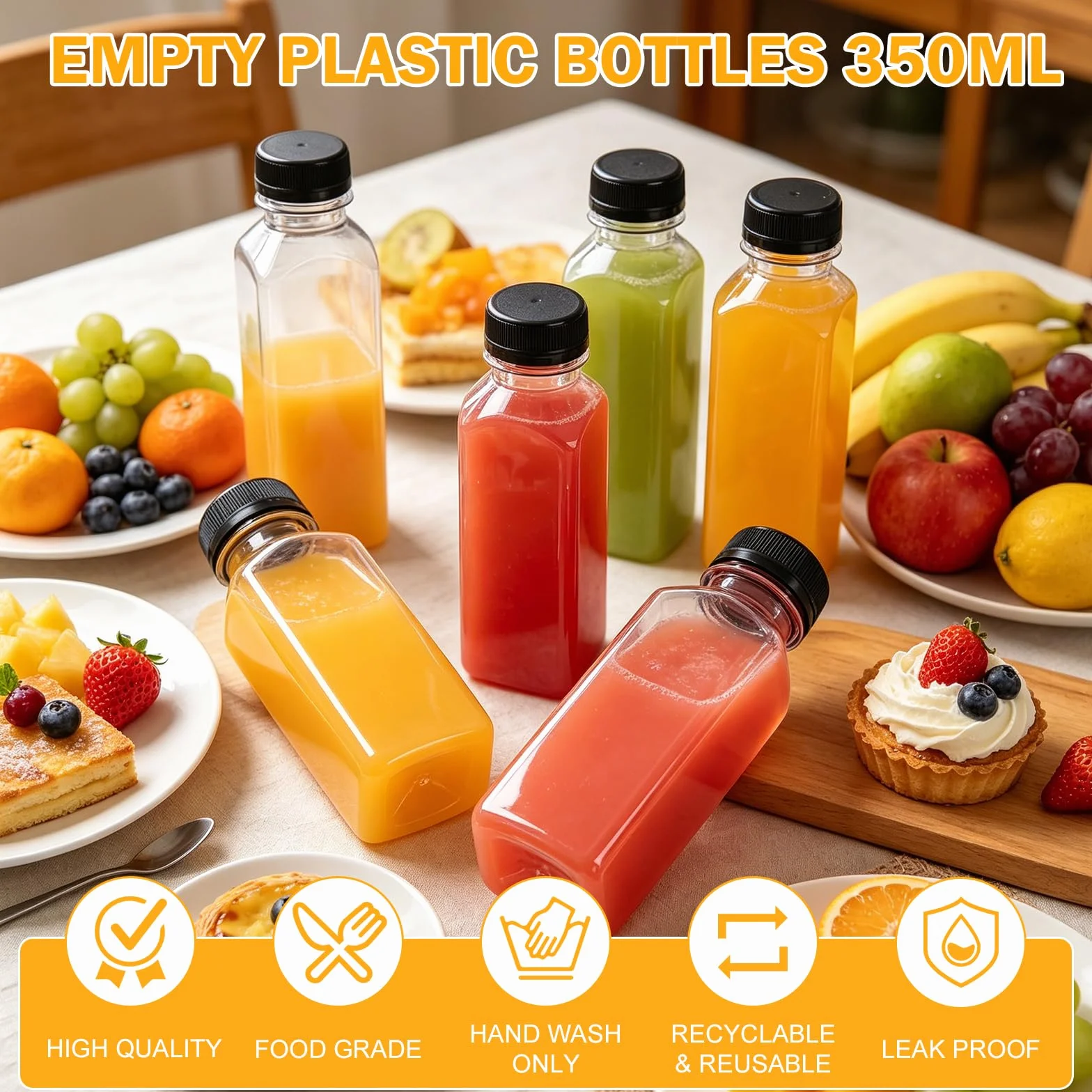 Botellas Vacías Reutilizables de 350 ml, 16 Botellas de Plástico con Tapas de Sellado, Material PET, para Jugo, Agua, Batidos, Incluye Embudo y Cepillo