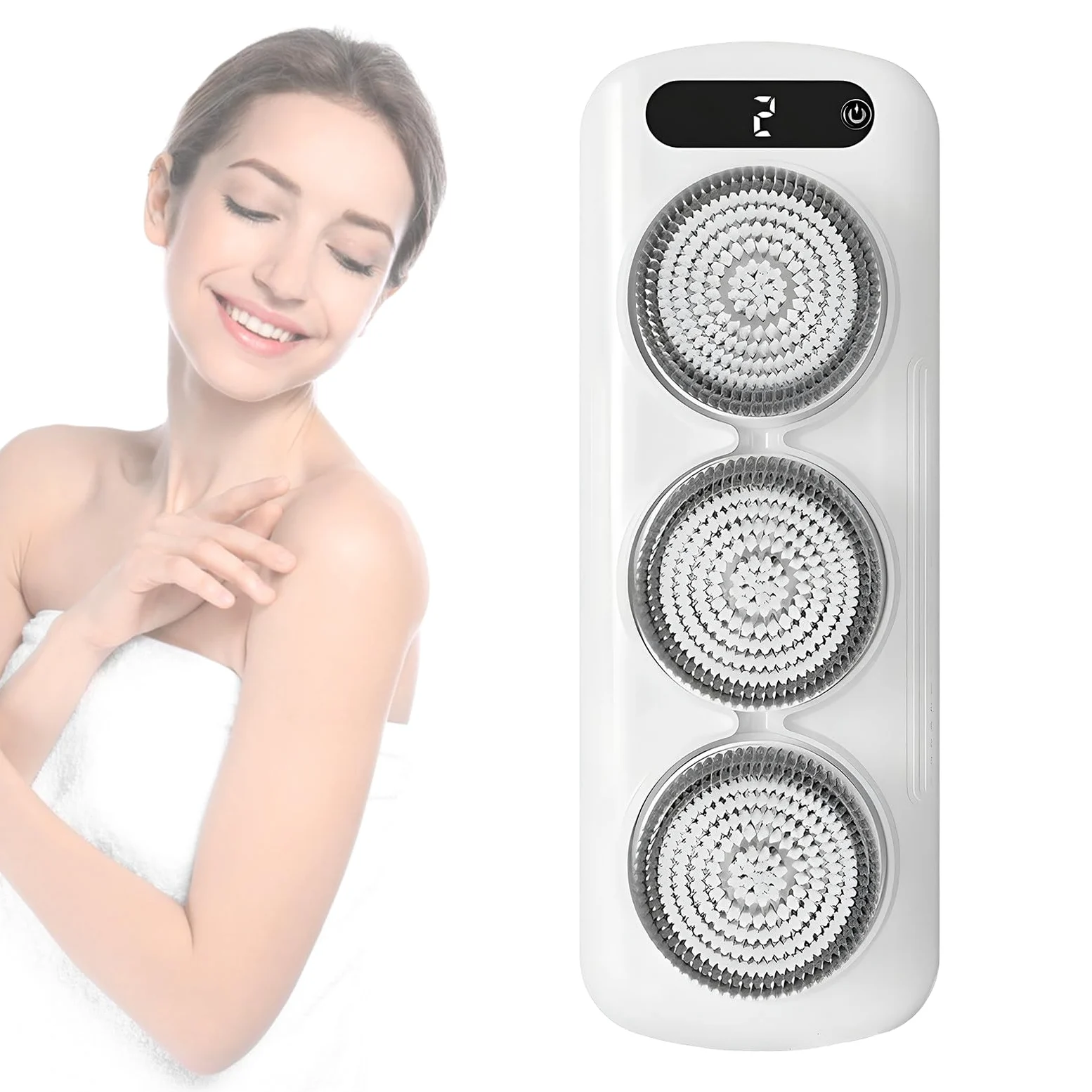 Cepillo Eléctrico Corporal con 3 Cabezales Motorizados, Cepillo para la Espalda de Ducha de Pared, Cerdas Suaves Exfoliantes, Diseño Manos Libres, 2 Velocidades, Altura Ajustable
