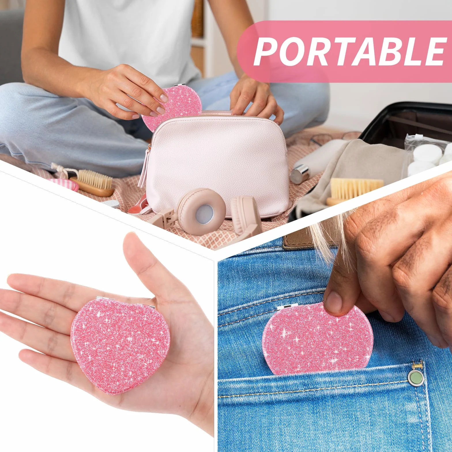 Espejo plegable compacto en forma corazón con aumento portátil doble cara maquillaje viaje bolso mujer
