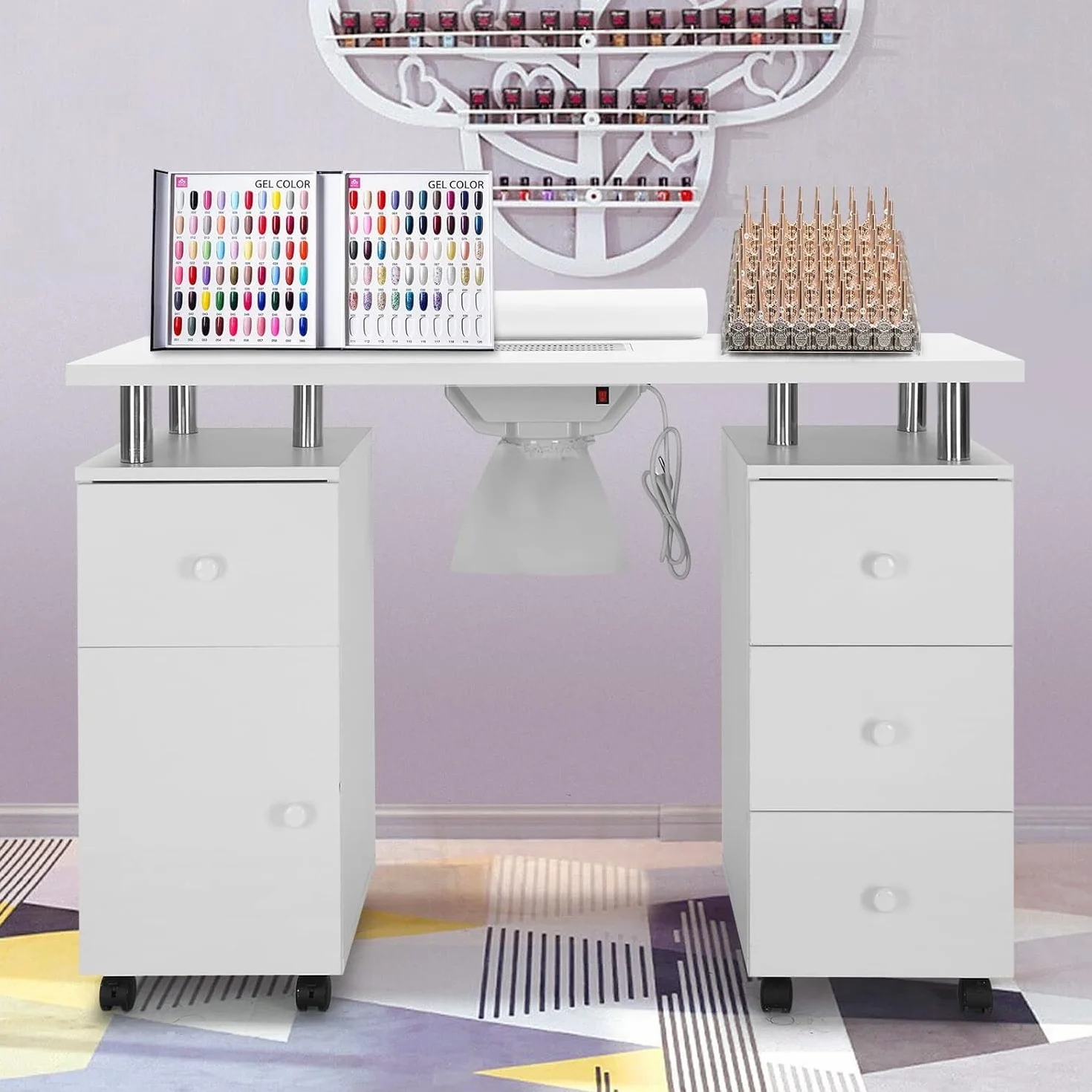 Mesa de Manicura para Uñas con Aspirador,8 Ruedas,3 Bolsas para Polvo, Reposamuñecas, 6 Cajones,Mesa Profesional para Artistas, tatuadores, Estudios y estética (Extra Grande Blanco)