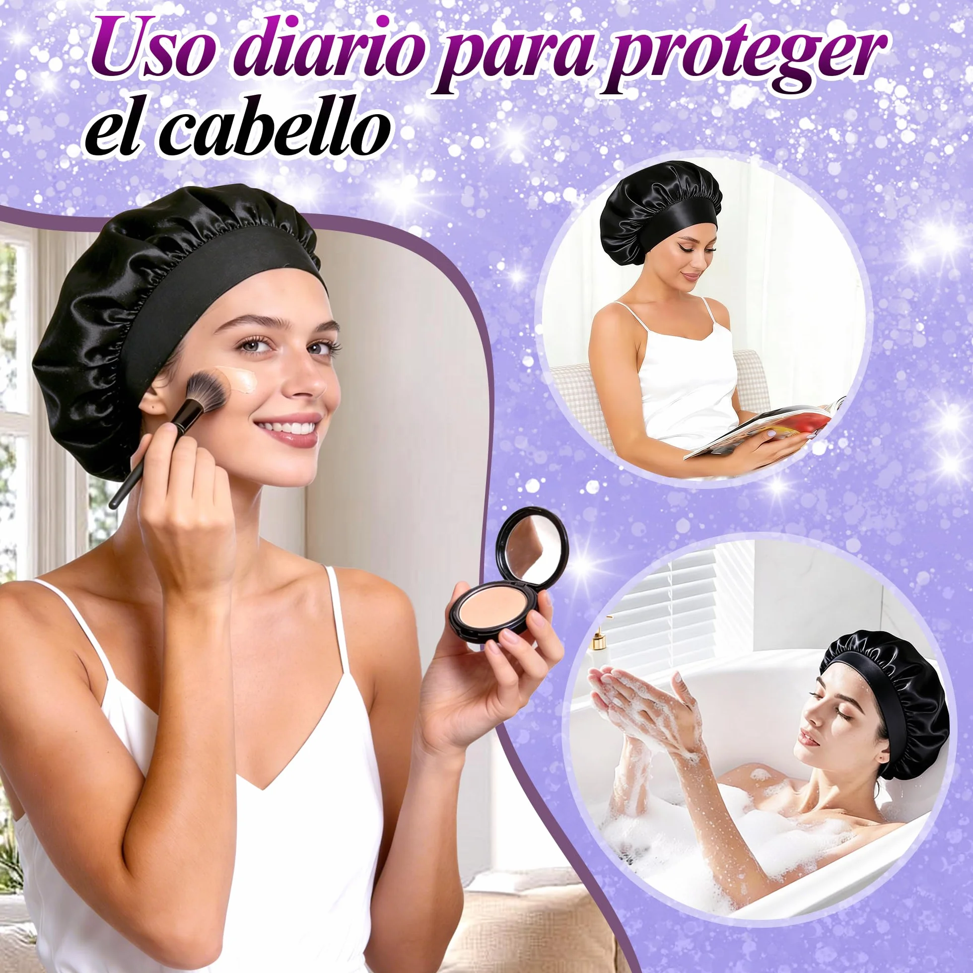 Gorro de Seda para Dormir 2 Piezas Gorros de Satén para el Cabello Antifrizz Negro Plateado