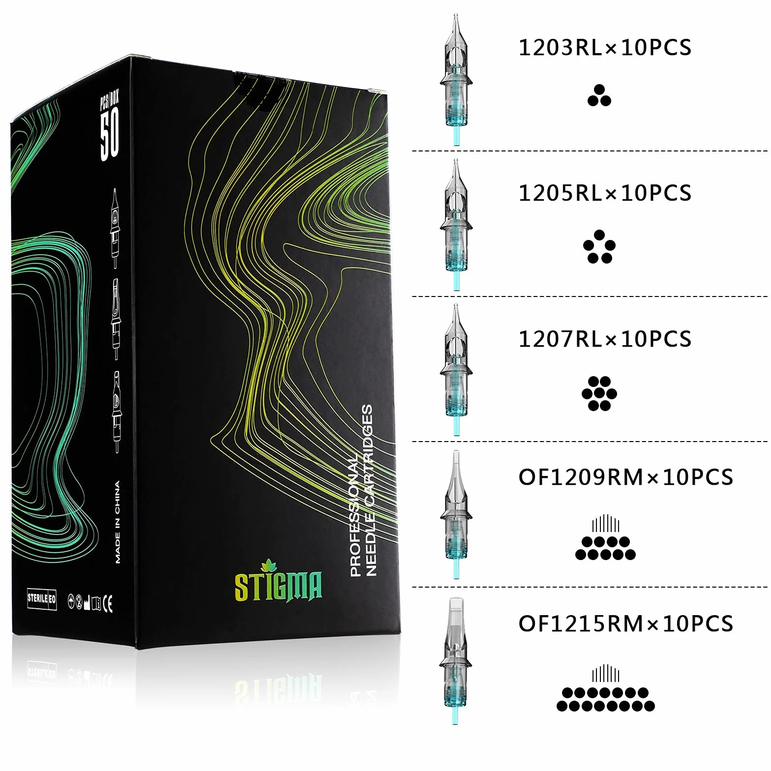 STIGMA Cartuchos de Tatuaje Aguja para Tatuar #12 Modelo Mezclado RL+RM (1203RL 1205RL 1207RL 1209RM 1215RM) Standard Tattoo Cartridge Needles Estándar 0.35mm Desechable con Membrana EN02B-50KIT-X