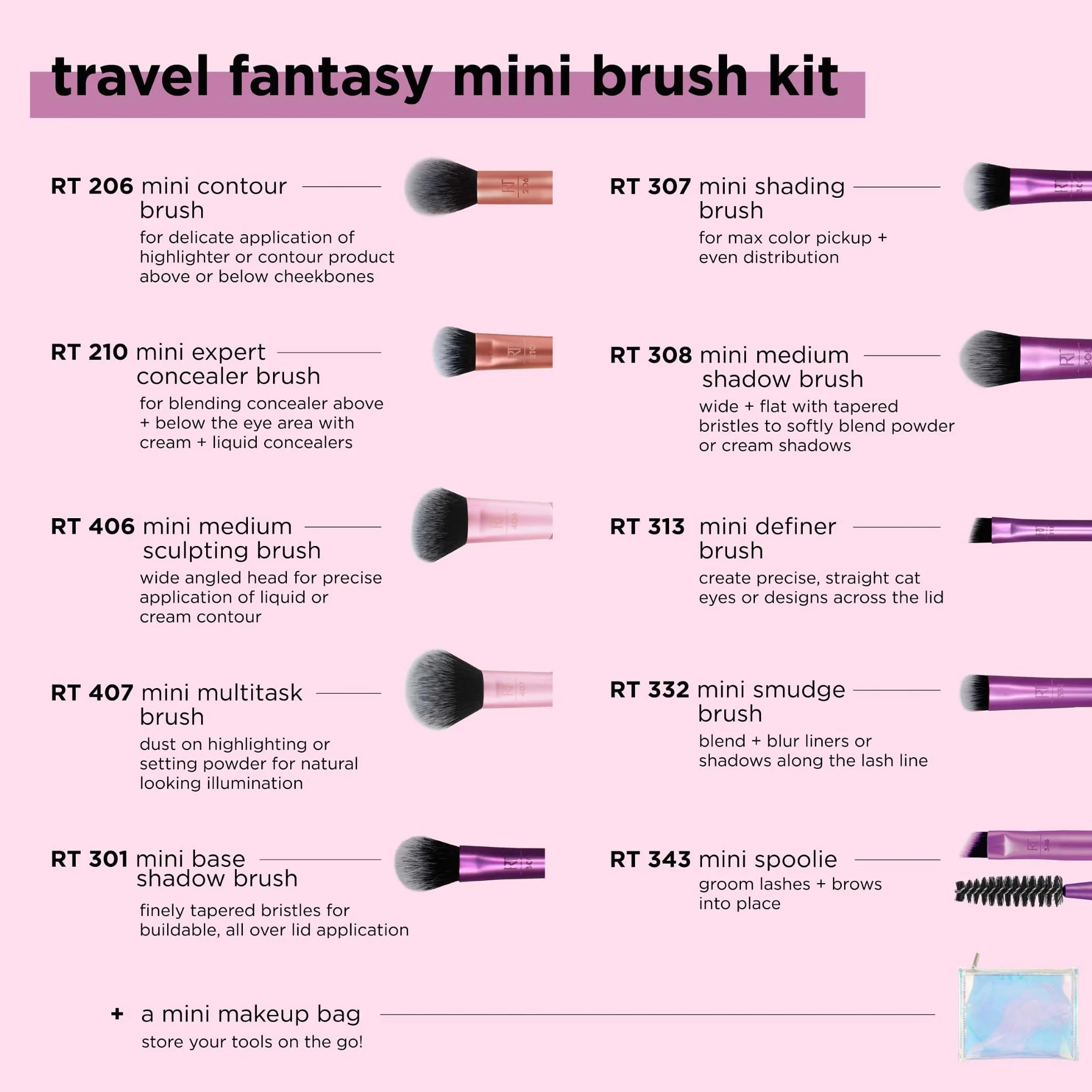 Real Techniques Kit de minibrochas Travel Fantasy, brochas maquillaje sombras ojos iluminadores, juego 11 piezas