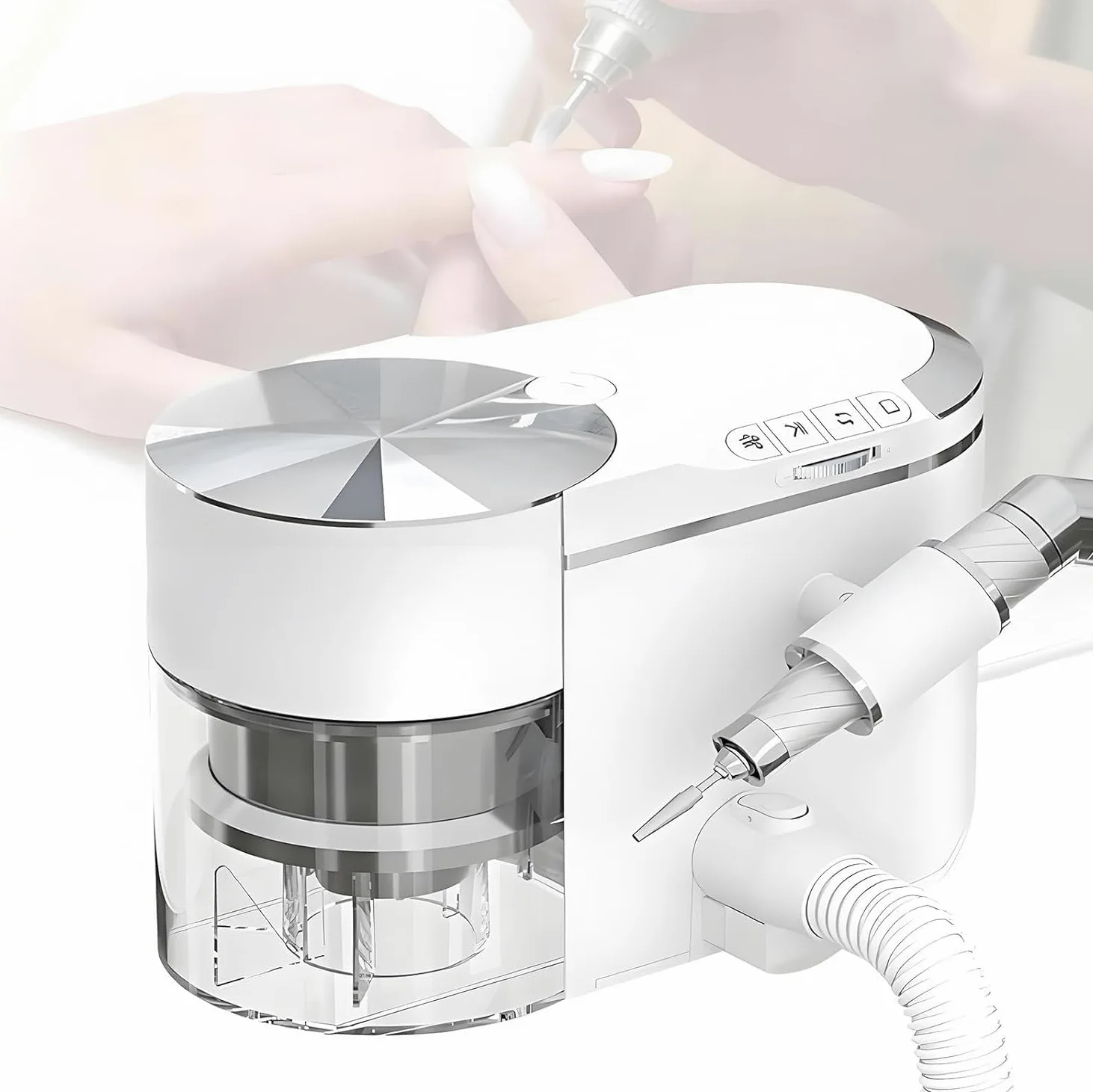Torno Eléctrico para Uñas 2-en-1 con Aspirador de Polvo, 30.000 RPM Velocidad Ajustable, Motor Brushless ≤68dB, Kit Completo con Filtro Lavable para Salón de Belleza