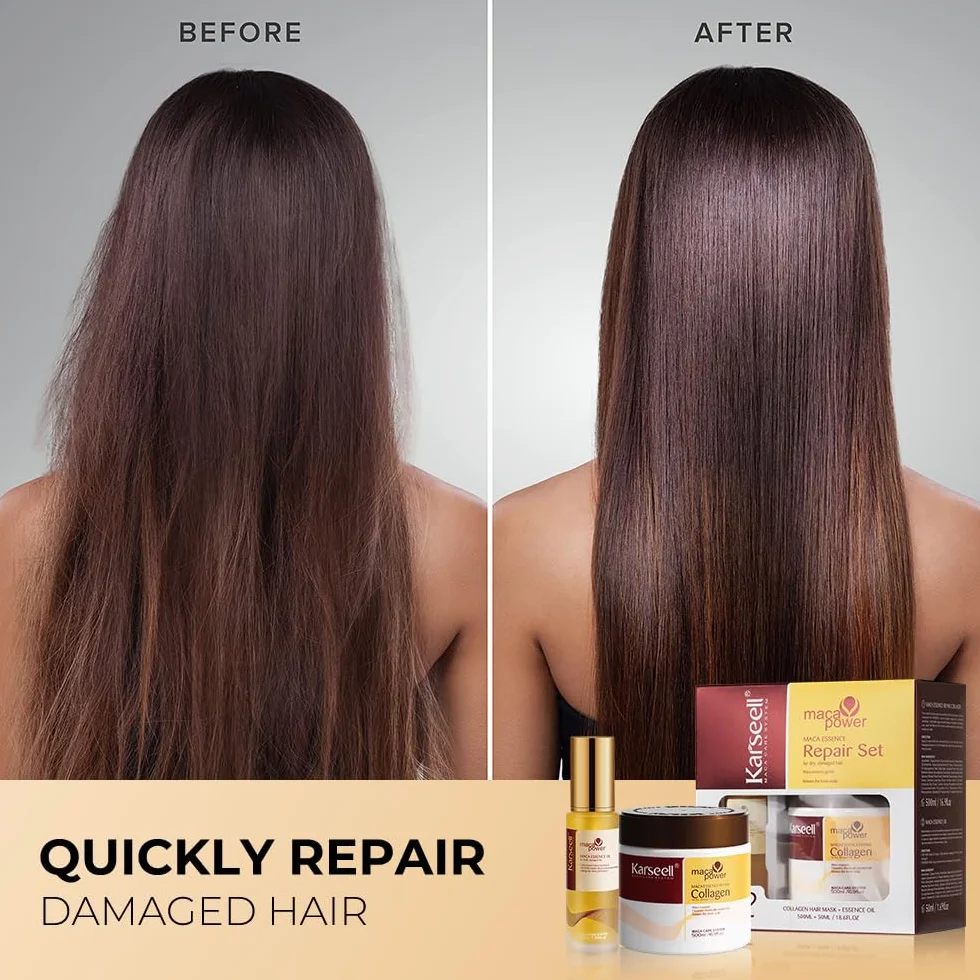 Karseell Reparación Sets de Pelo, Colágeno Mascarilla Pelo Y Aceite de Pelo, Set de Cuidado Capilar para Seco y Dañado el Cabello Todo Tipo de Cabellos, 500ml + 50ml
