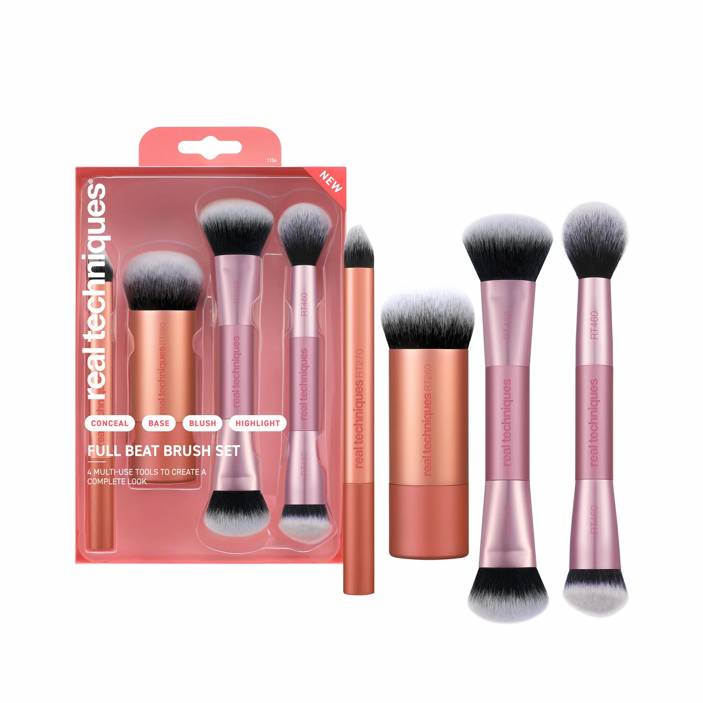 Real Techniques Full Beat Makeup Brush Set, 4 Piece Brush Kit for Foundation, Concealer, Blush, Contour & Highlight, Soft UltraPlush Bristles