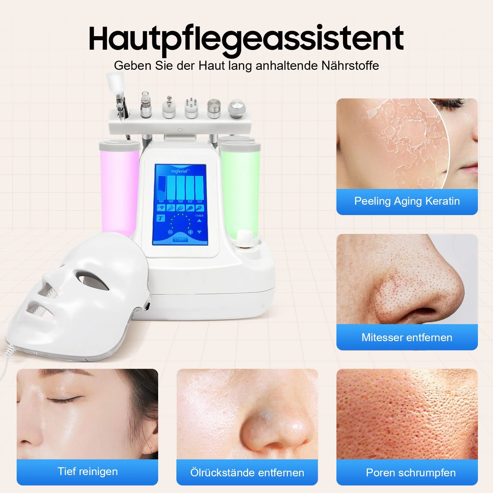Máquina de belleza 7 en 1, oxígeno hidrógeno, limpieza profunda, Hydra Beauty Facial Care Machine con máscara LED, pequeñas burbujas de aire, instrumento de limpieza con pantalla LED